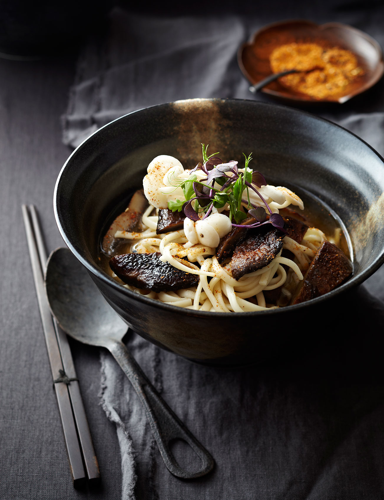 Mushroom & Miso Noodles in Dark Ceramic Bowl • Advertising & Editorial Food Photography
