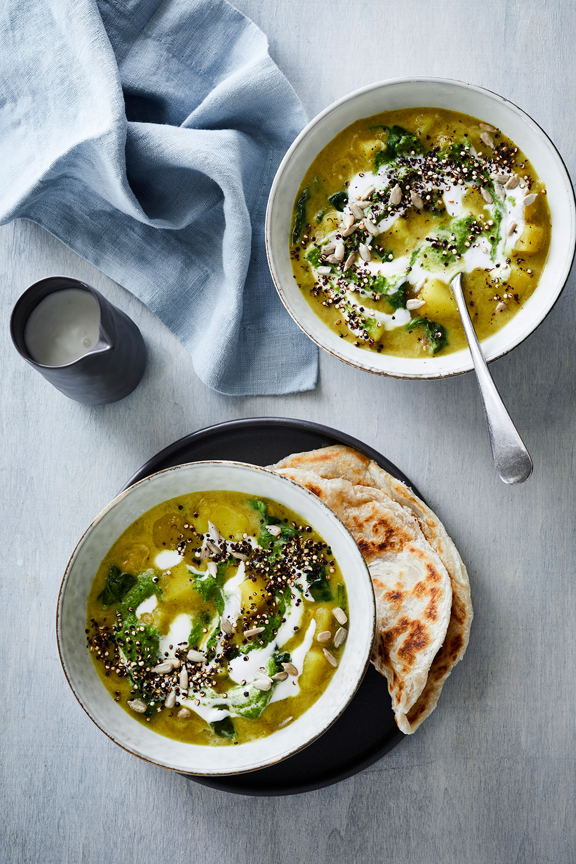 Potato Curry Soup with Nan & Cream • Advertising & Editorial Food Photography