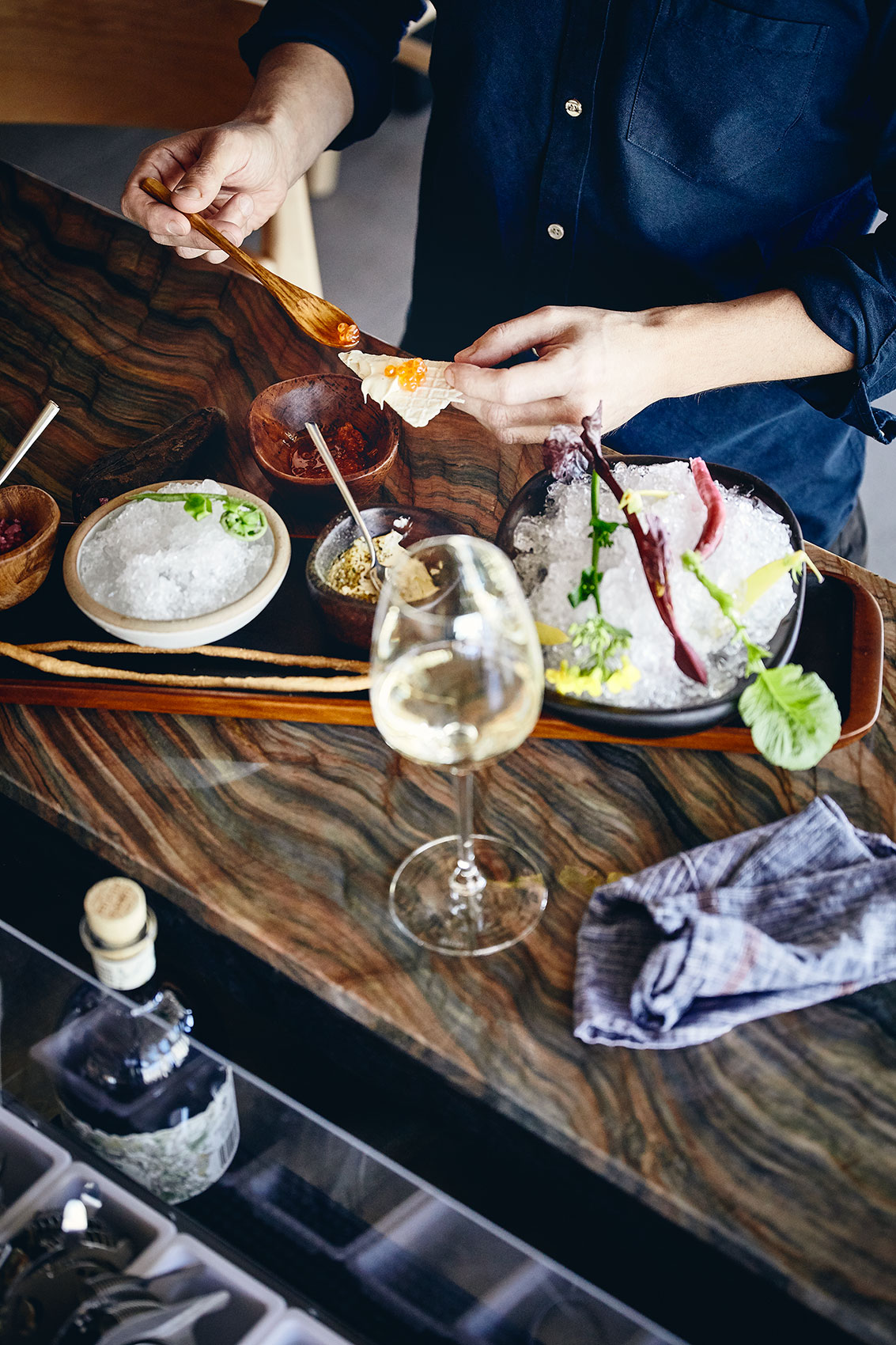 Ahi Dining at Bar Counter with White Wine • Hospitality & Culinary Food Photography
