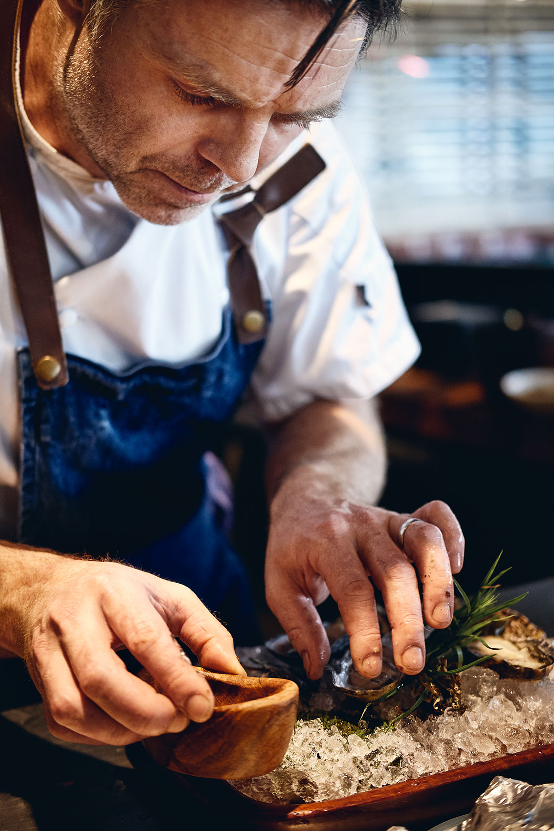 Ahi Chef Ben Bayly Plating Oysters • Hospitality & Culinary Food Photography