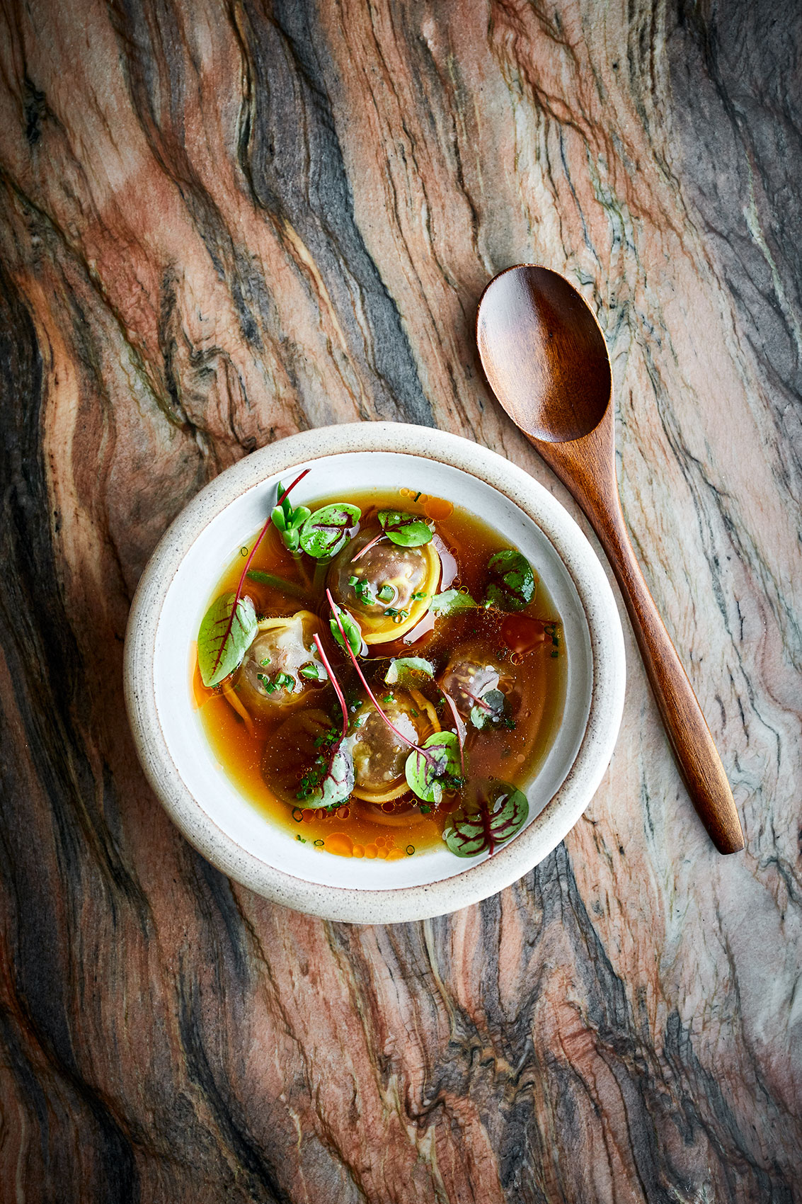 Ahi Crayfish Soup with Wooden Spoon • Hospitality & Culinary Food Photography