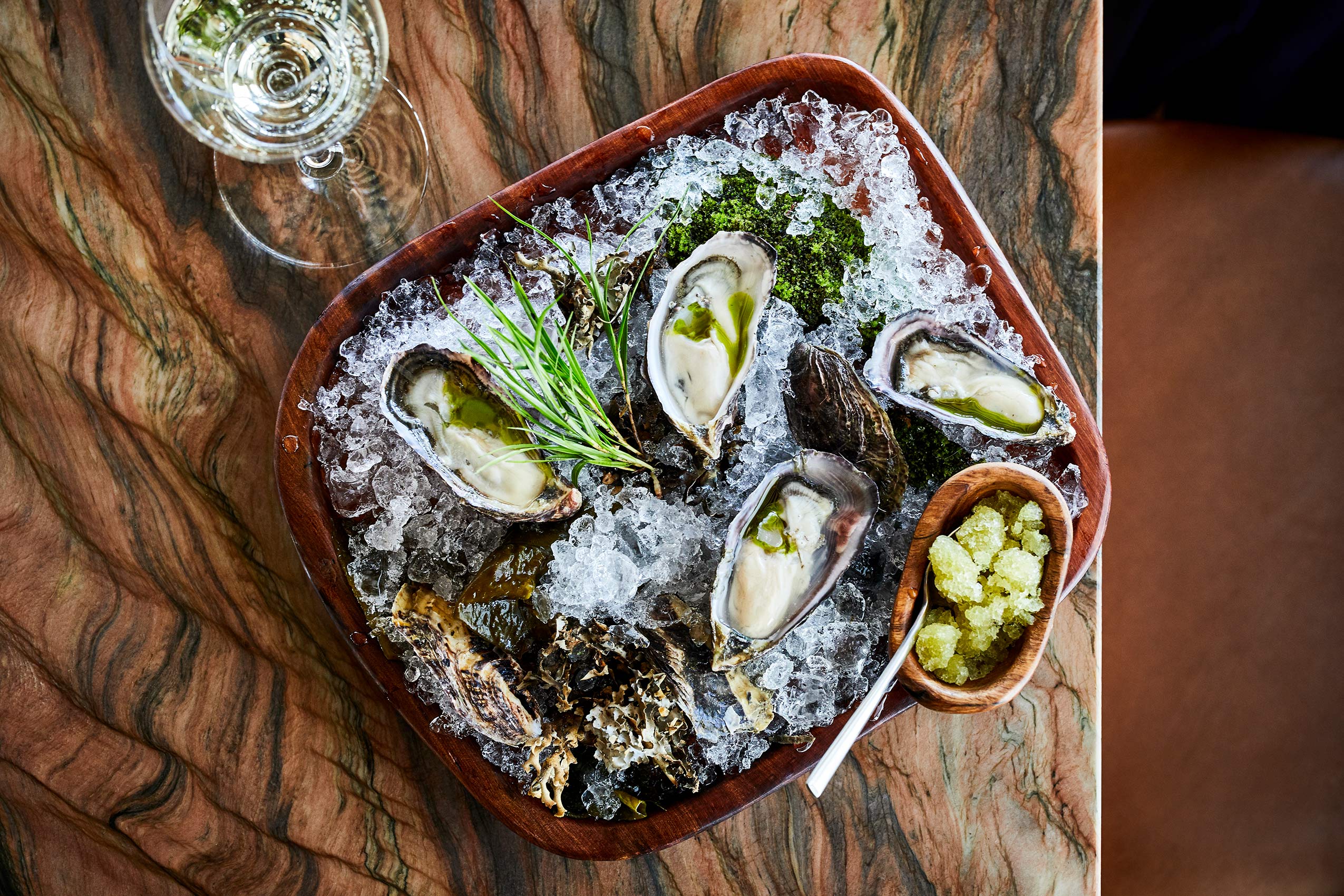 Ahi Te Matuku Pacific Oysters with Apple & Chardonnay Ice • Hospitality & Culinary Food Photography