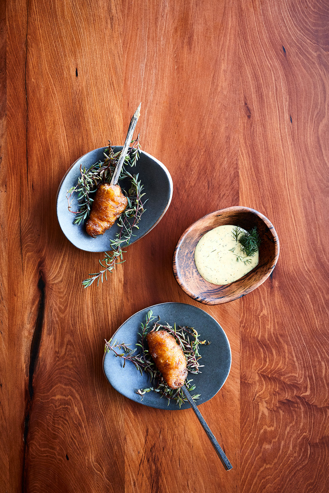 Ahi Scampi Corndogs on Natural Wooden Skewers • Hospitality & Culinary Food Photography