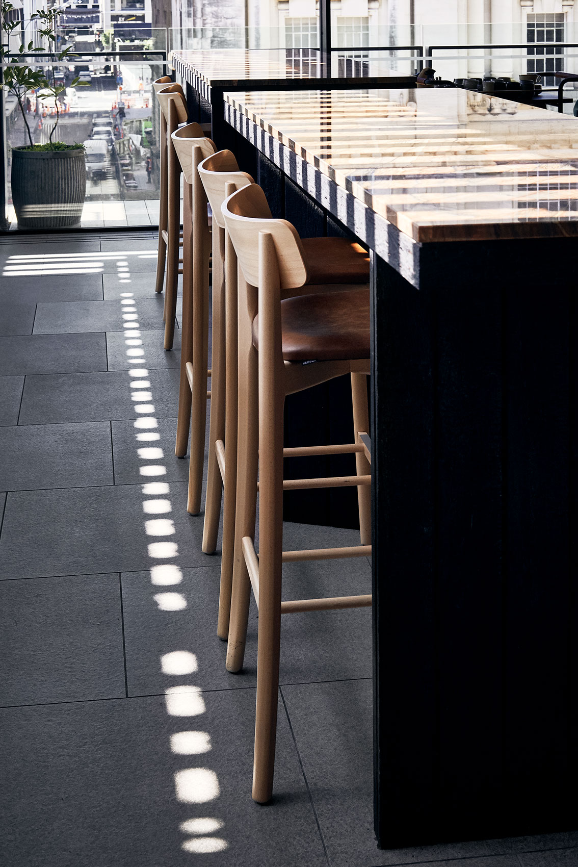 Ahi Bar Counter & Stools in Filtered Light • Hospitality & Culinary Food Photography