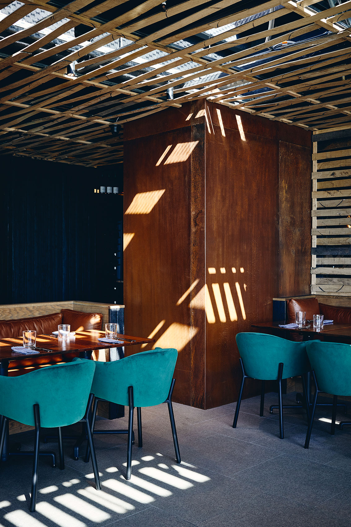 Ahi Interior Woven Oak Ceiling Filtering Light • Hospitality & Culinary Food Photography