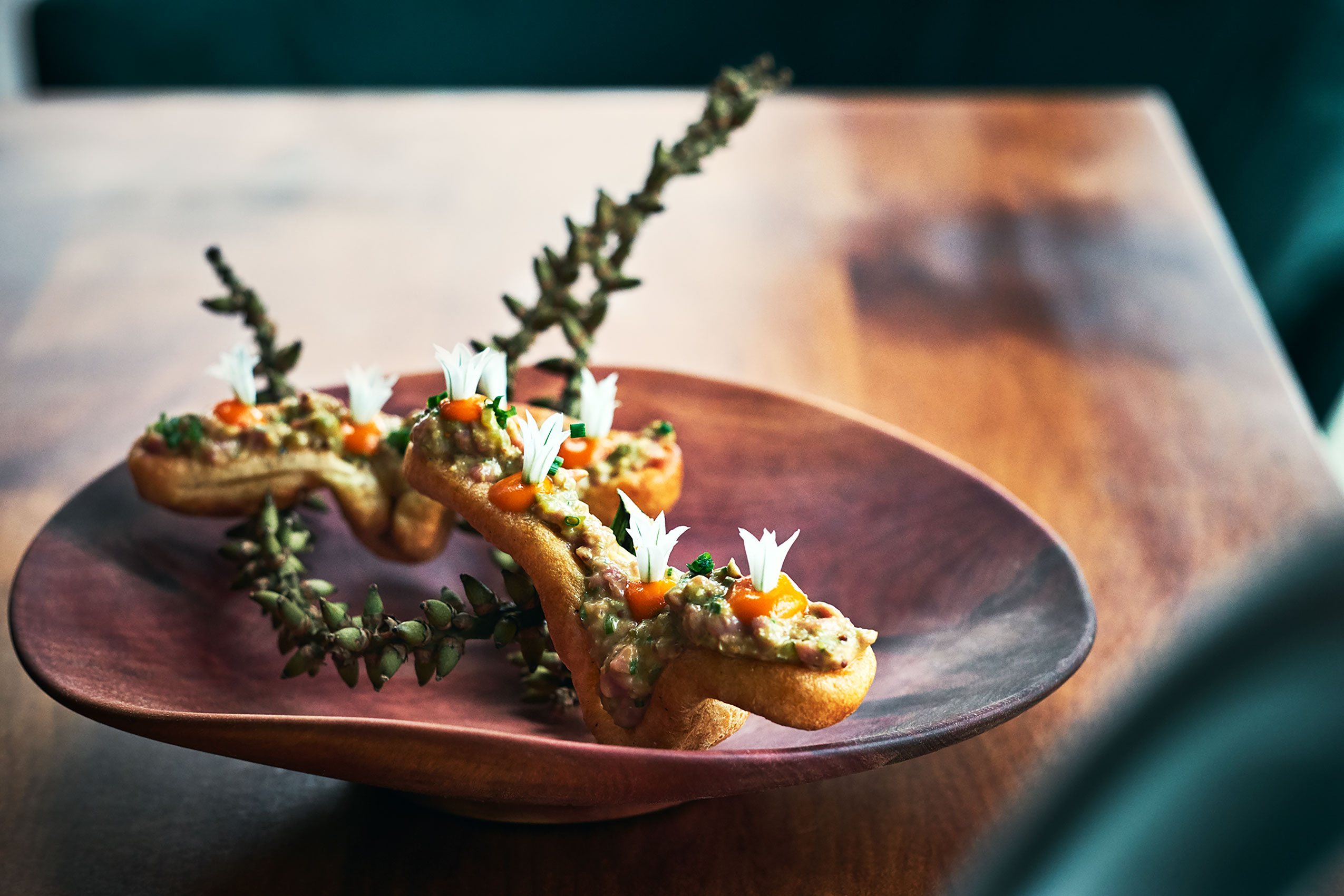 Ahi Tahr Tartare with Wild Garlic Flowers & Hot Sauce • Hospitality & Culinary Food Photography