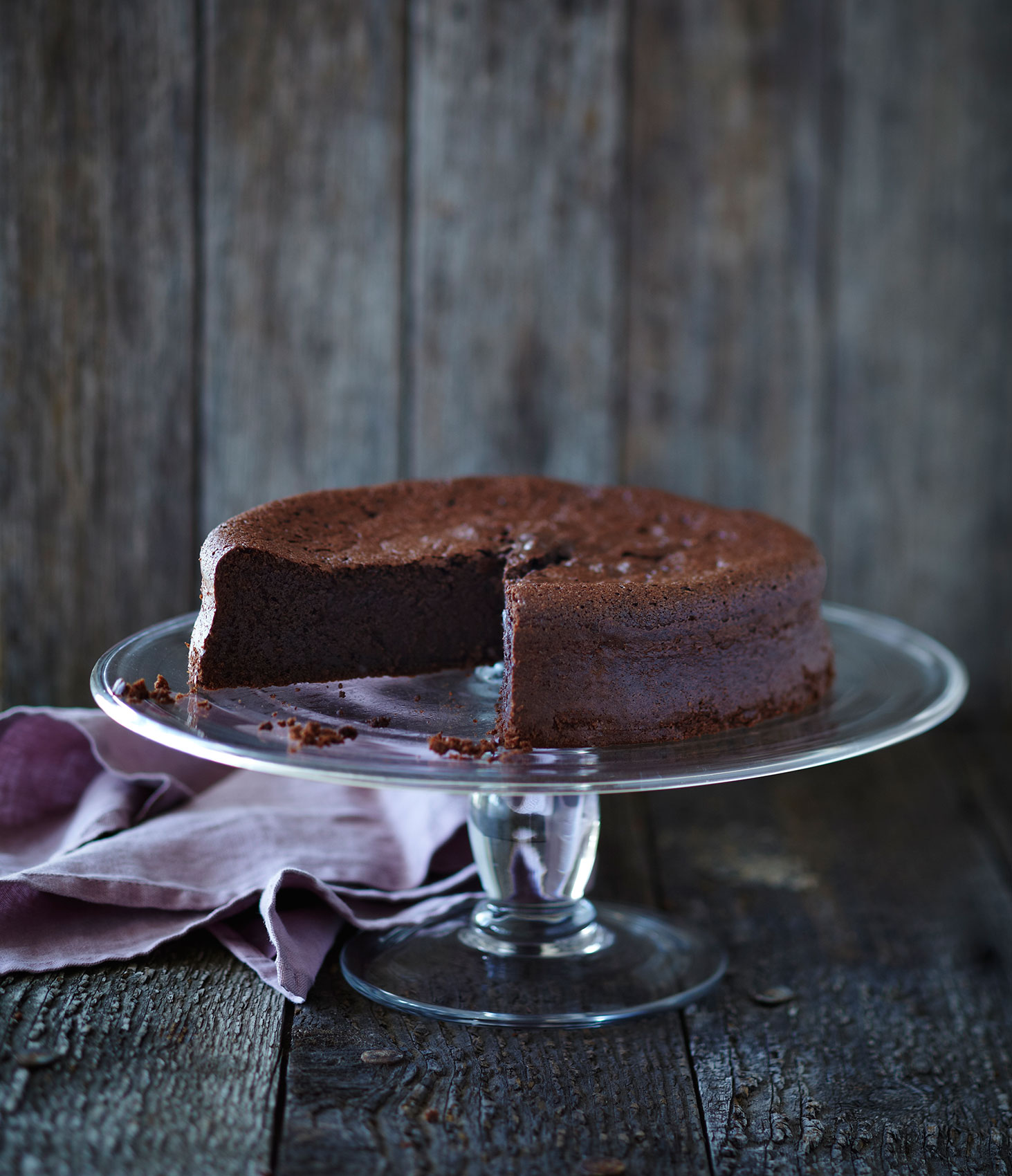 Free Range in the City • Rich Round Sliced Chocolate Cake on Glass Stand • Cookbook & Lifestyle Food Photography