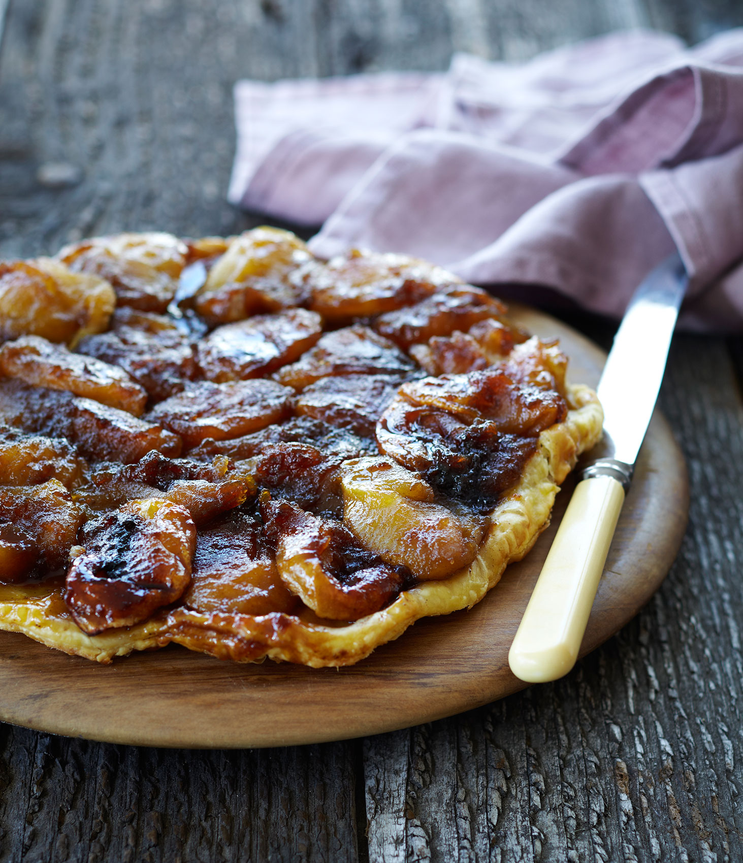 Free Range in the City • Rustic Tarte Tatin on Wooden Board with Lavender Tea Towel • Cookbook & Lifestyle Food Photography