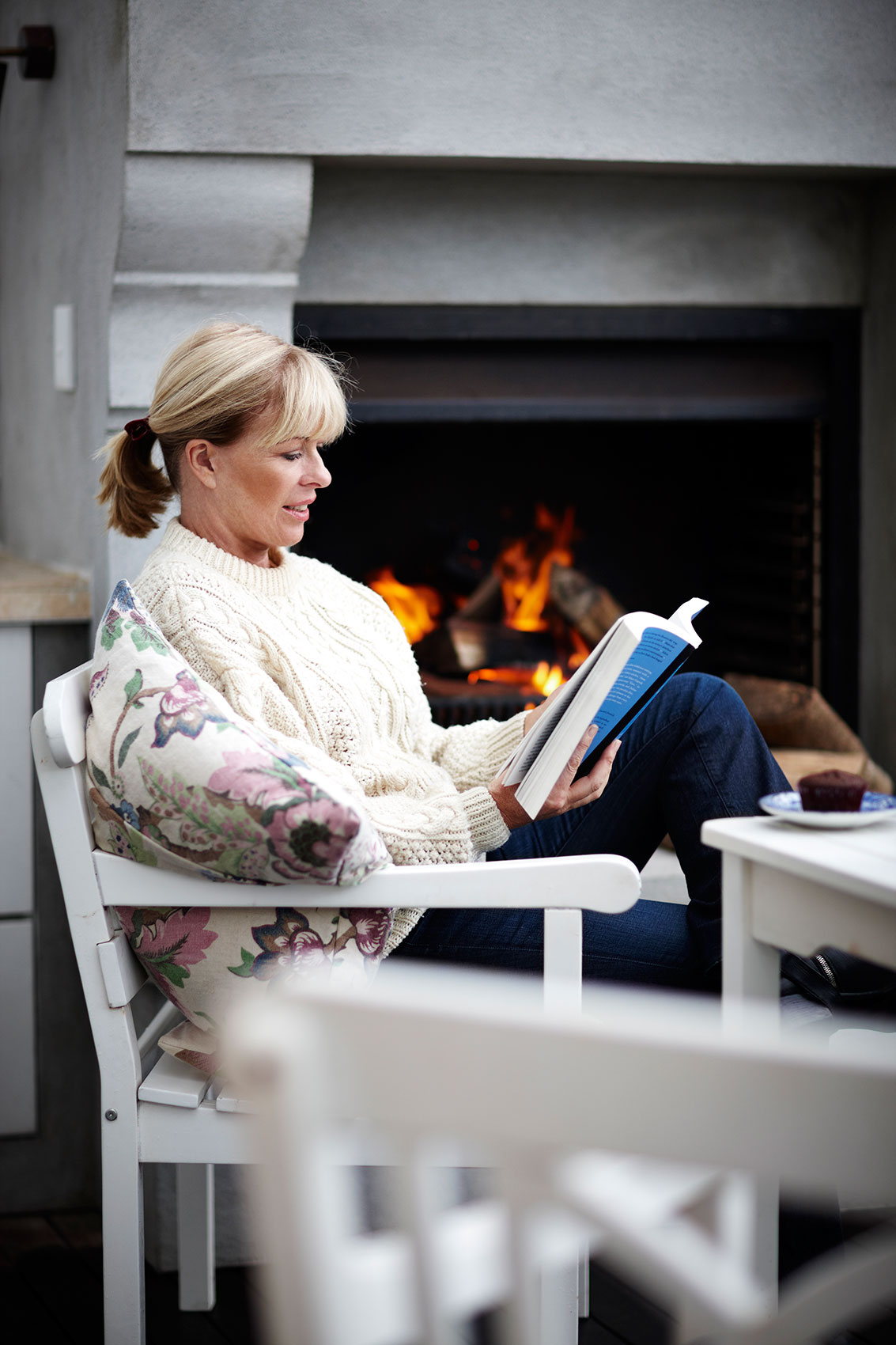 Free Range in the City • Annabel Langbein Reading by Outdoor Fireplace  • Cookbook & Lifestyle Food Photography