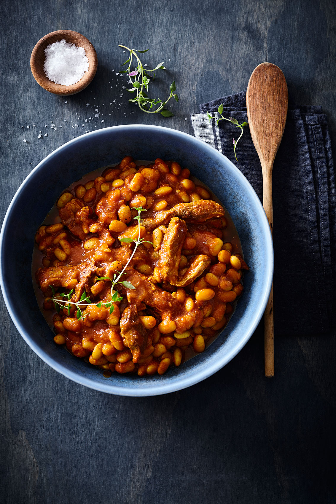 Slow Cooked • Boston Baked Beans with Thyme, Salt & Wooden Spoon • Cookbook & Editorial Food Photography