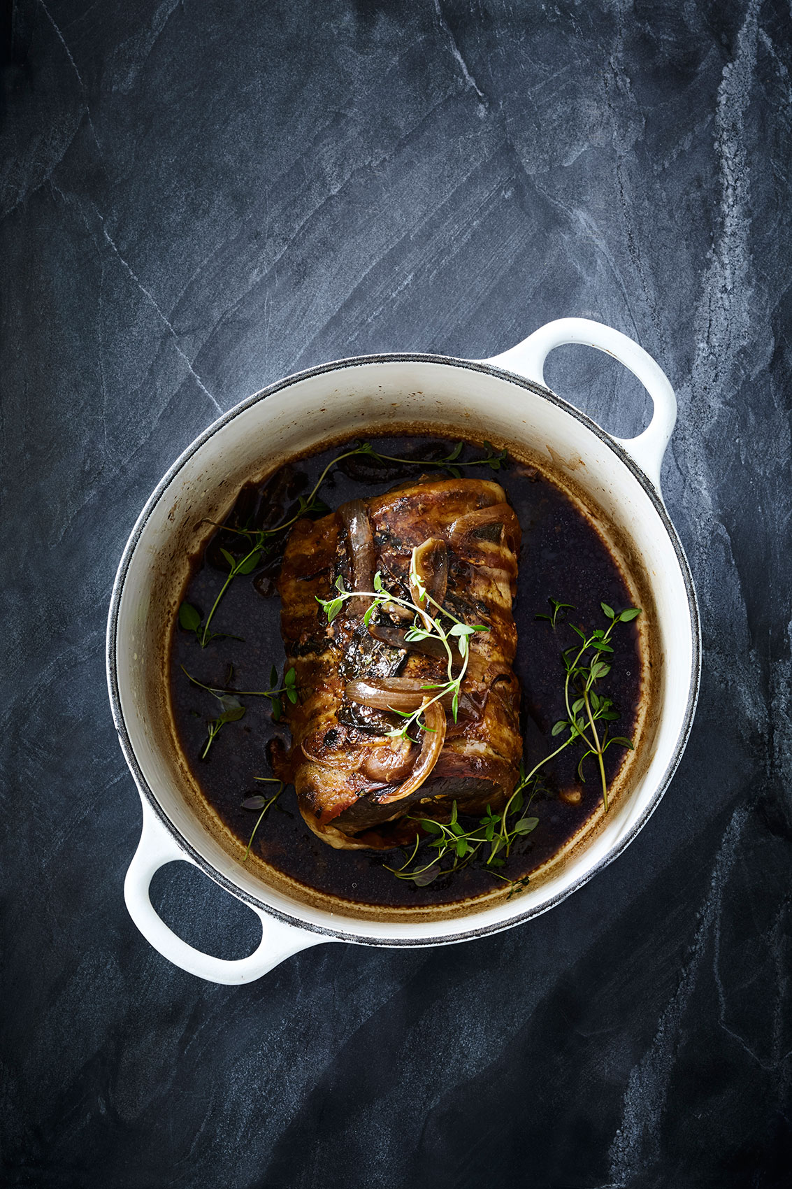 Slow Cooked • Braised Beef Brisket with Fresh Thyme in Heavy Pot • Cookbook & Editorial Food Photography