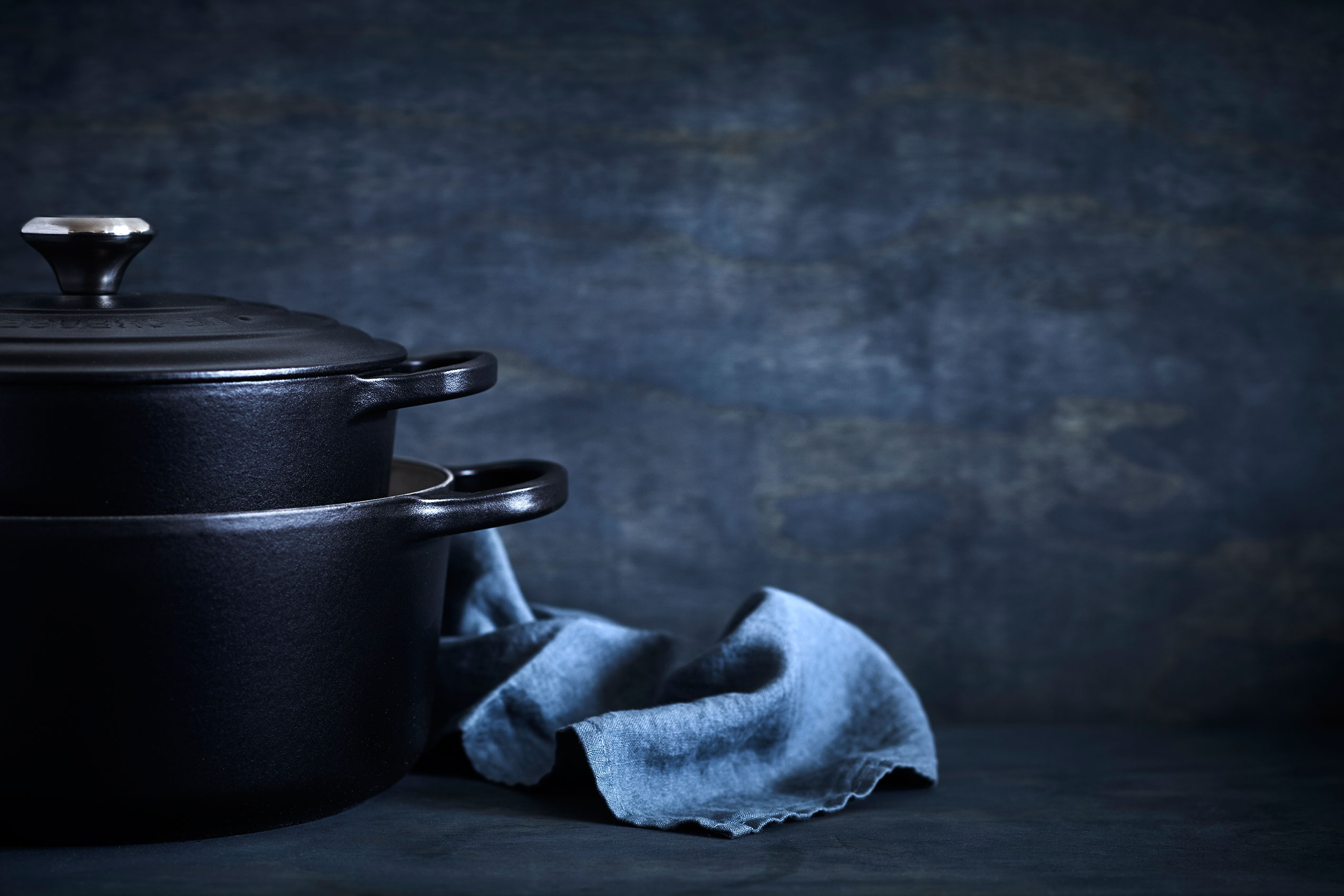 Slow Cooked • Black Cast Iron Stacking Stewpots with Tea Towel  • Cookbook & Editorial Food Photography