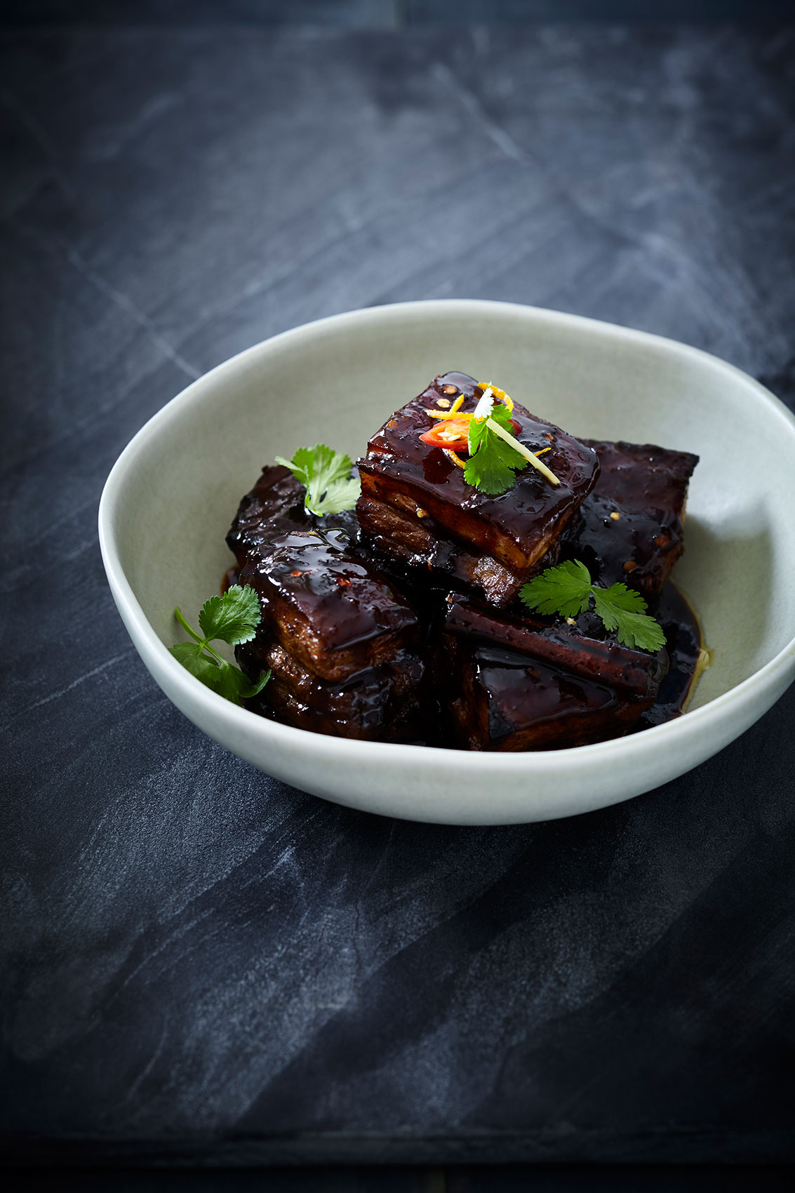 Slow Cooked • Dark Chinese Pork Belly with Fresh Chilli & Coriander • Cookbook & Editorial Food Photography