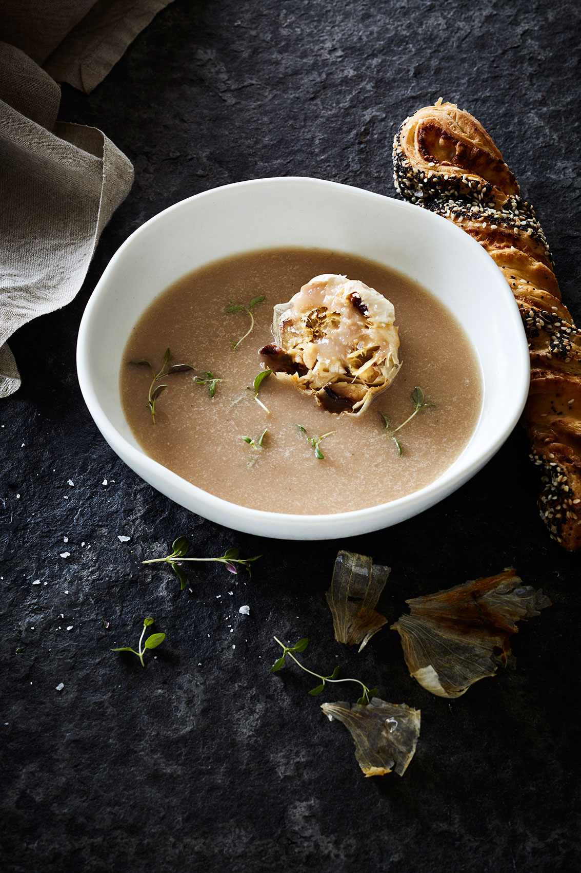 Slow Cooked • Garlic Soup with Fresh Thyme & Sesame Bread • Cookbook & Editorial Food Photography