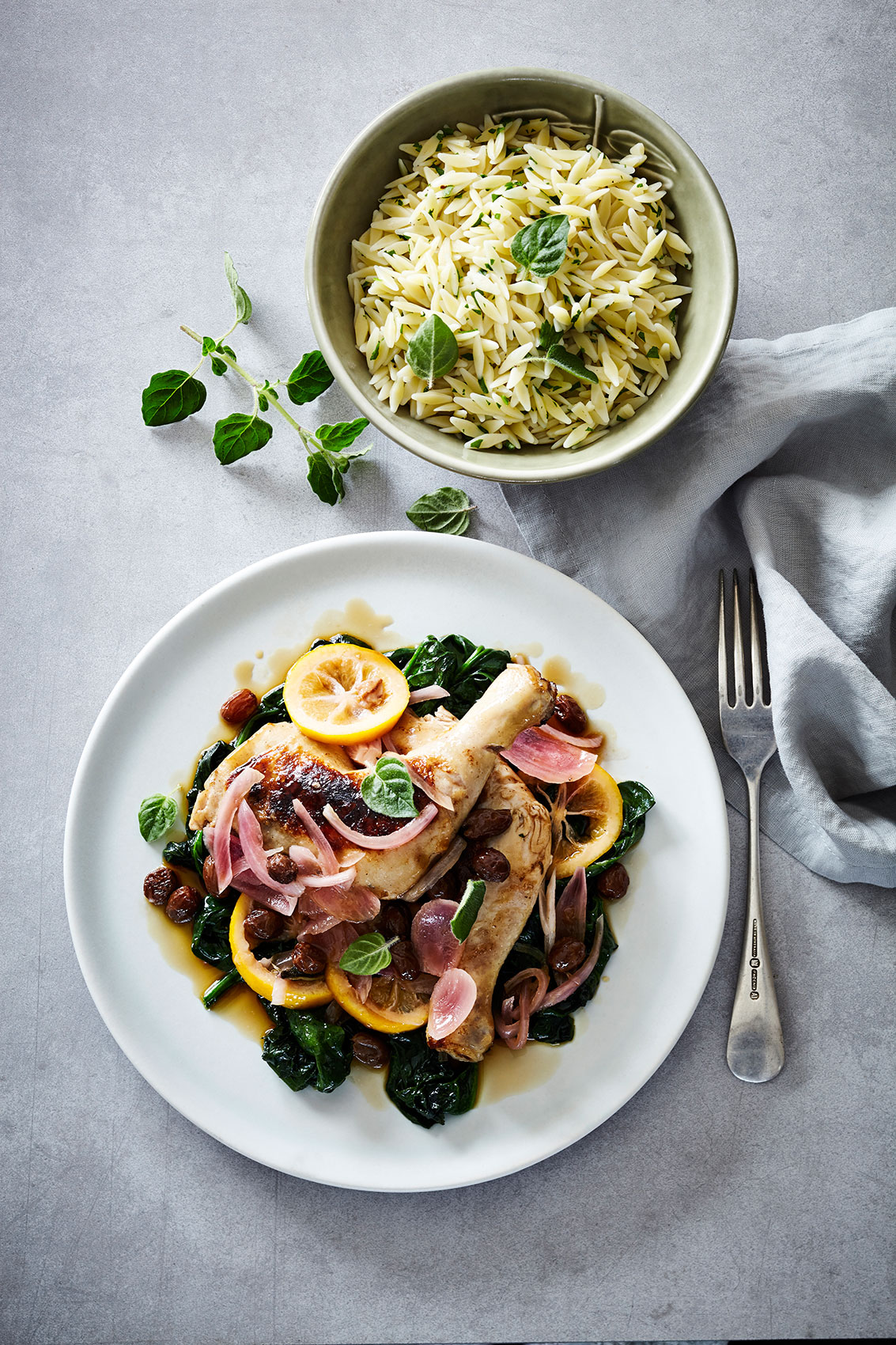 Slow Cooked • Herb Chicken with Fresh Lemon Slices & Orzo • Cookbook & Editorial Food Photography