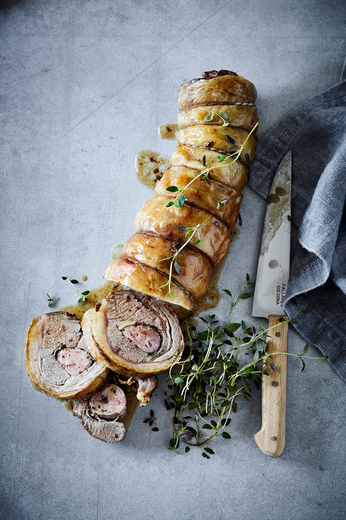 Slow Cooked • Sliced Lamb Loin with Fresh Thyme on Stone Counter • Cookbook & Editorial Food Photography