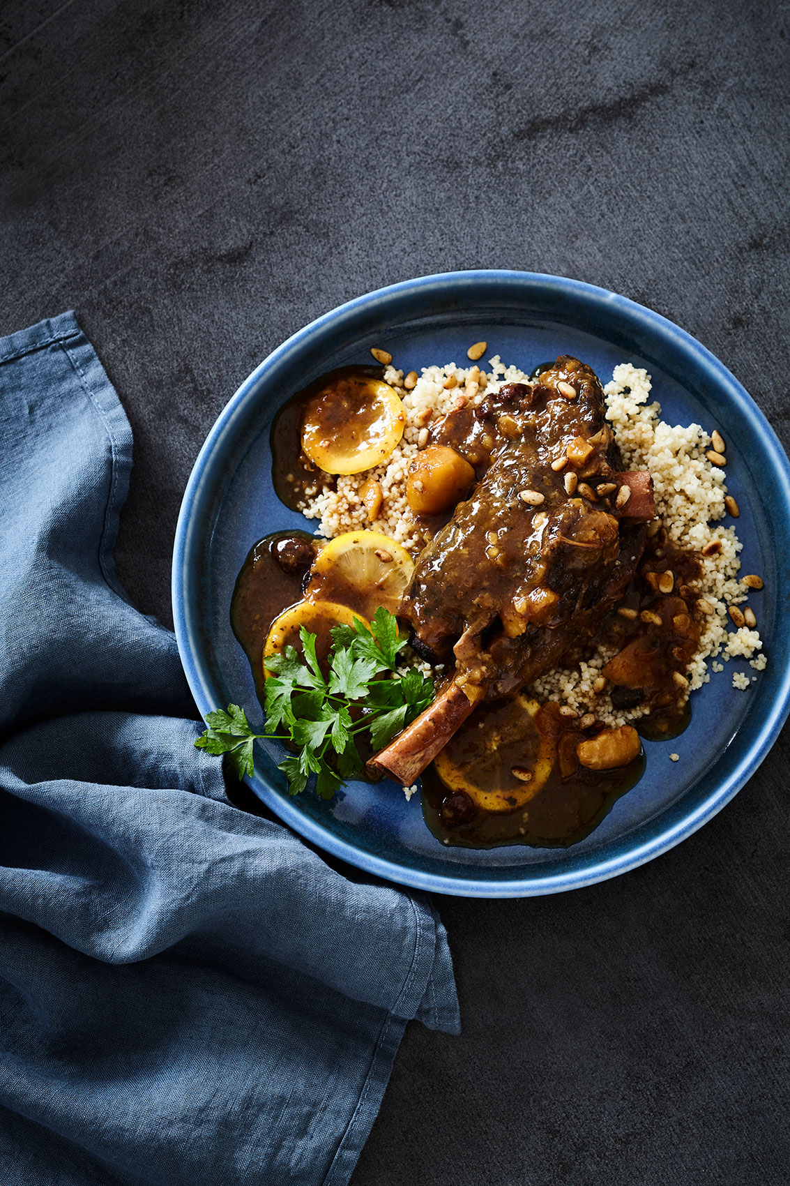 Slow Cooked • Lamb Shank Tajine on Couscous with Pine Nuts • Cookbook & Editorial Food Photography