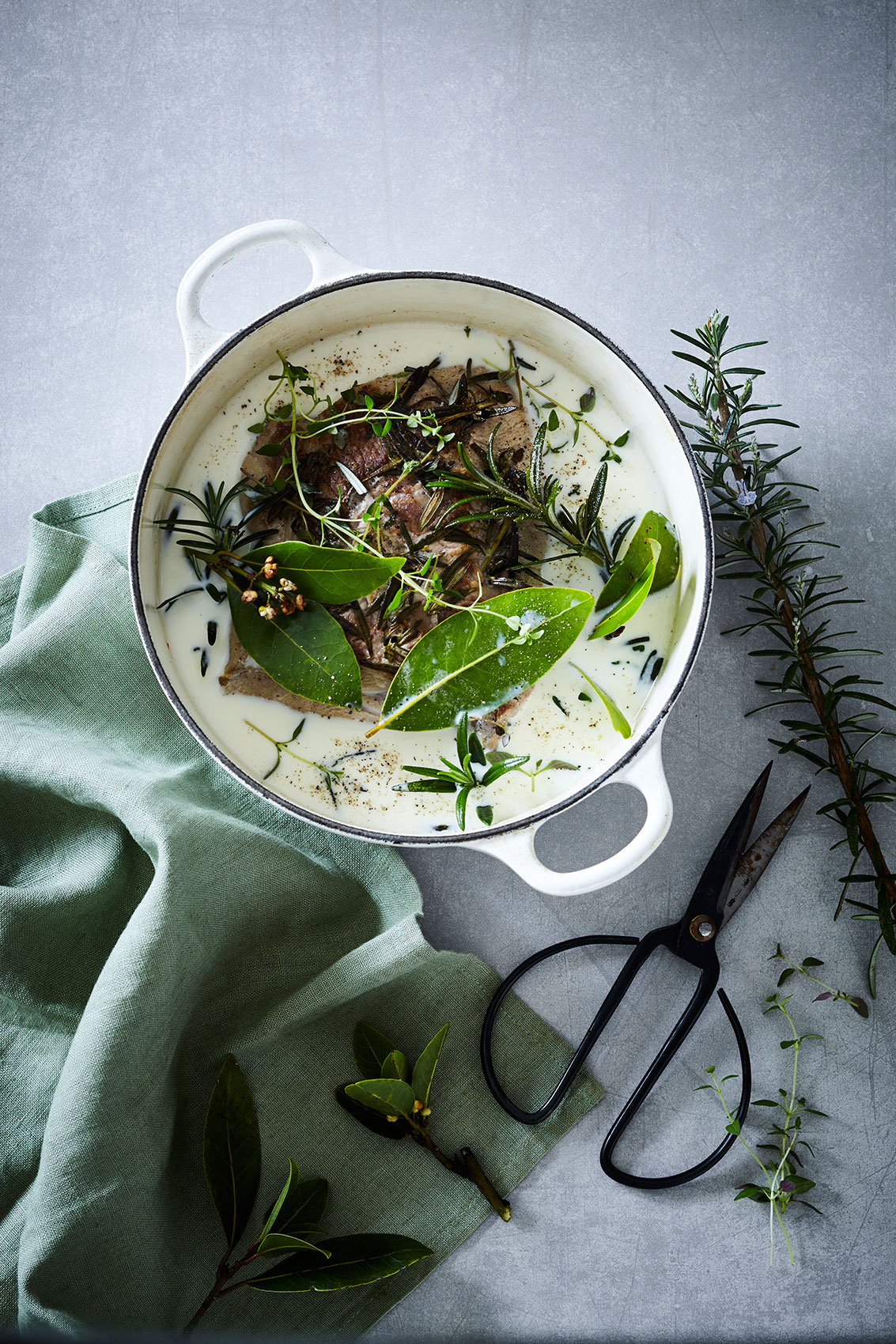 Slow Cooked • Milk Poached Pork with Freshly Cut Herbs in Enamel Pot • Cookbook & Editorial Food Photography