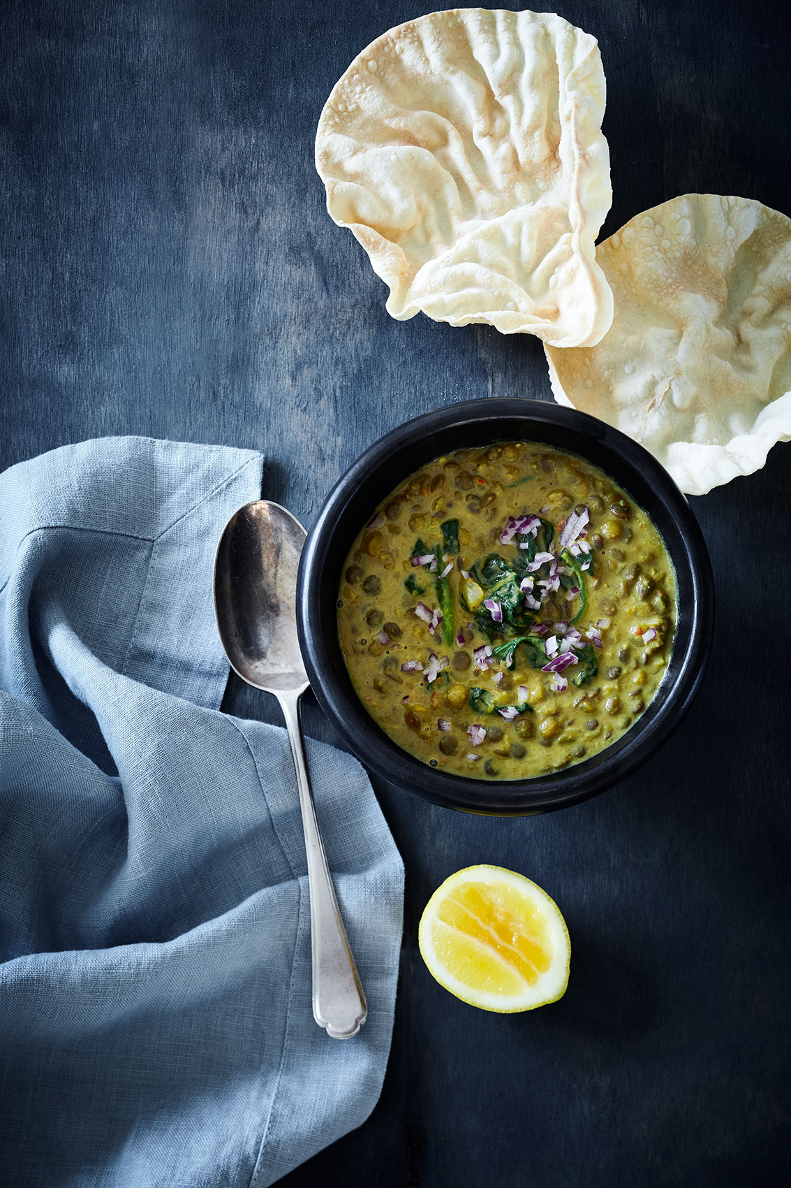 Slow Cooked • Moong Dal Mung Bean Curry with Crispy Popadoms & Fresh Lemon • Cookbook & Editorial Food Photography