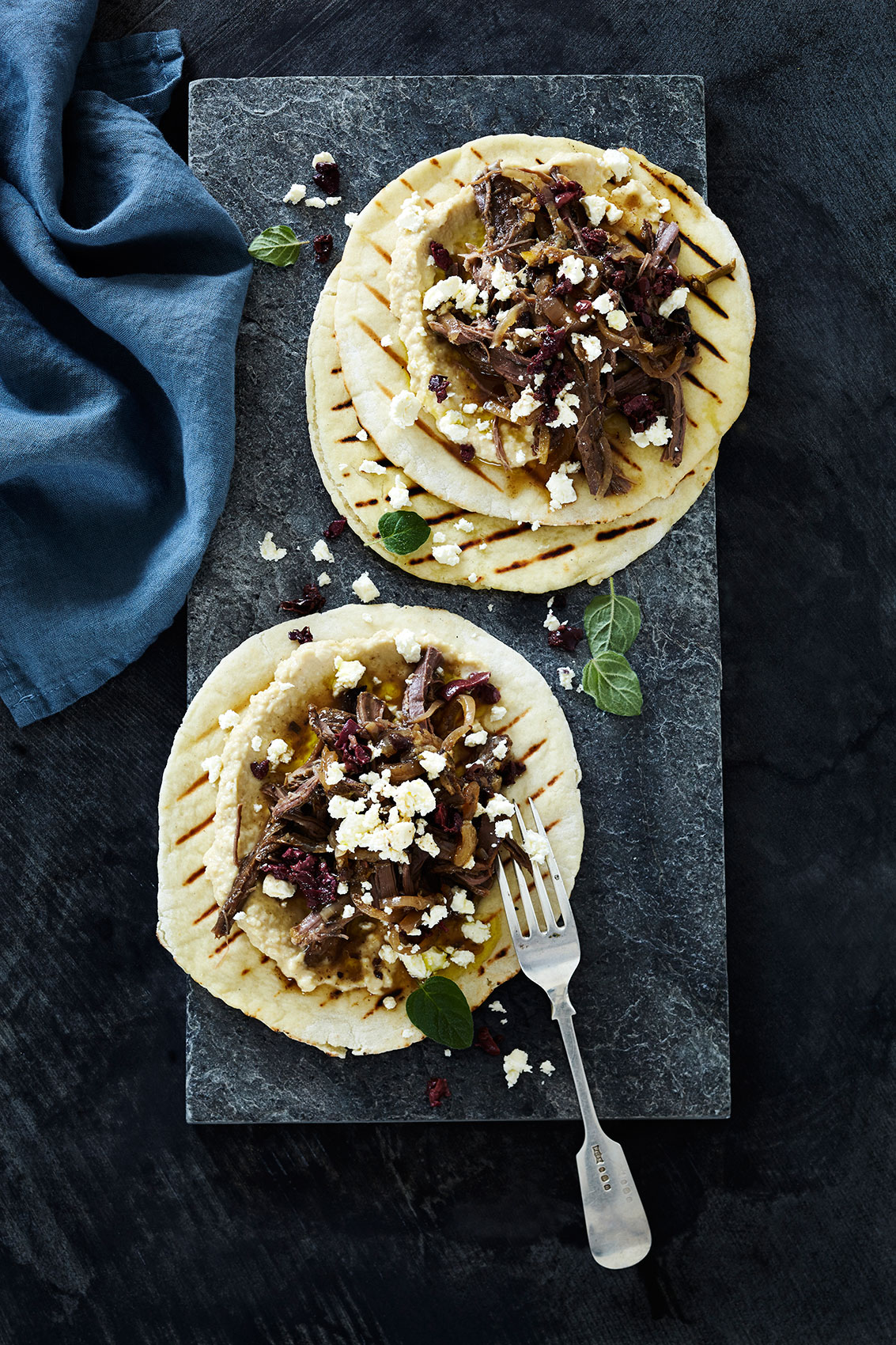 Slow Cooked • Oregano Braised Beef with Ricotta on Charred Pita • Cookbook & Editorial Food Photography