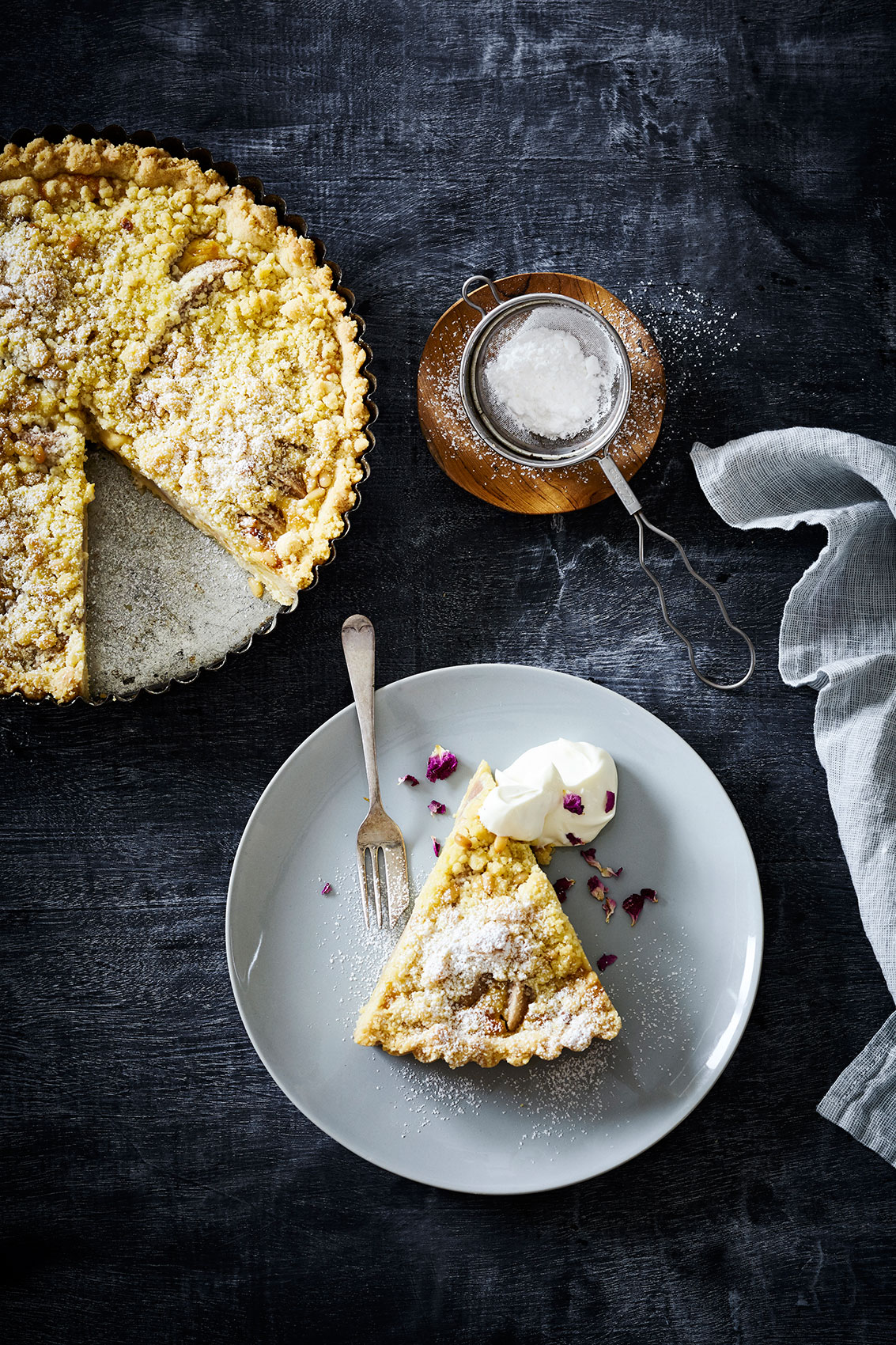 Slow Cooked • Passionfruit Crumble with Icing Sugar & Fresh Cream • Cookbook & Editorial Food Photography