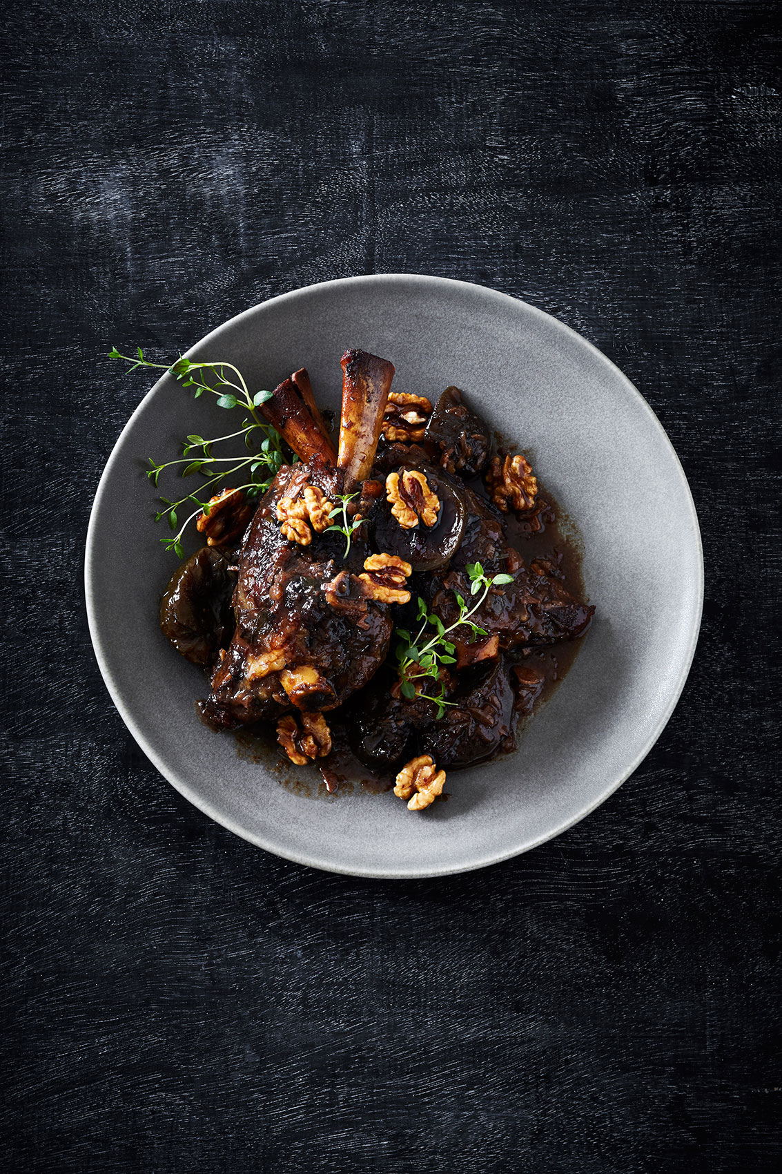 Slow Cooked • Pulled Fig Shanks with Fresh Thyme in Grey Bowl • Cookbook & Editorial Food Photography