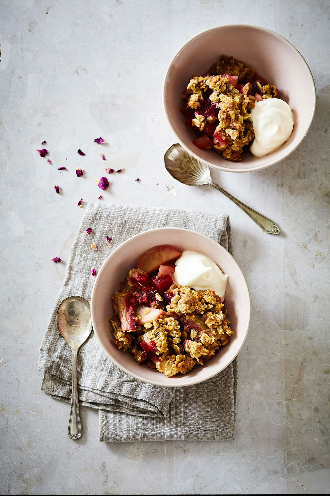 Slow Cooked • Rhubab Crumble with Fresh Cream & Flowers in Pastel Bowls • Cookbook & Editorial Food Photography