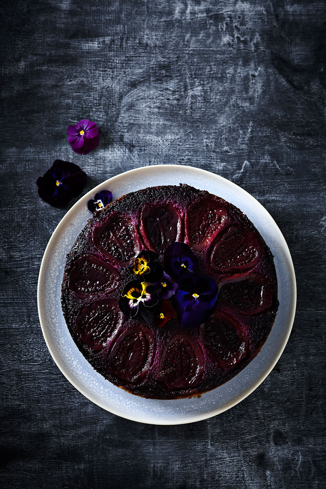 Upside Down Tamarillo Cake with Dark Flowers • Advertising & Editorial Food Photography