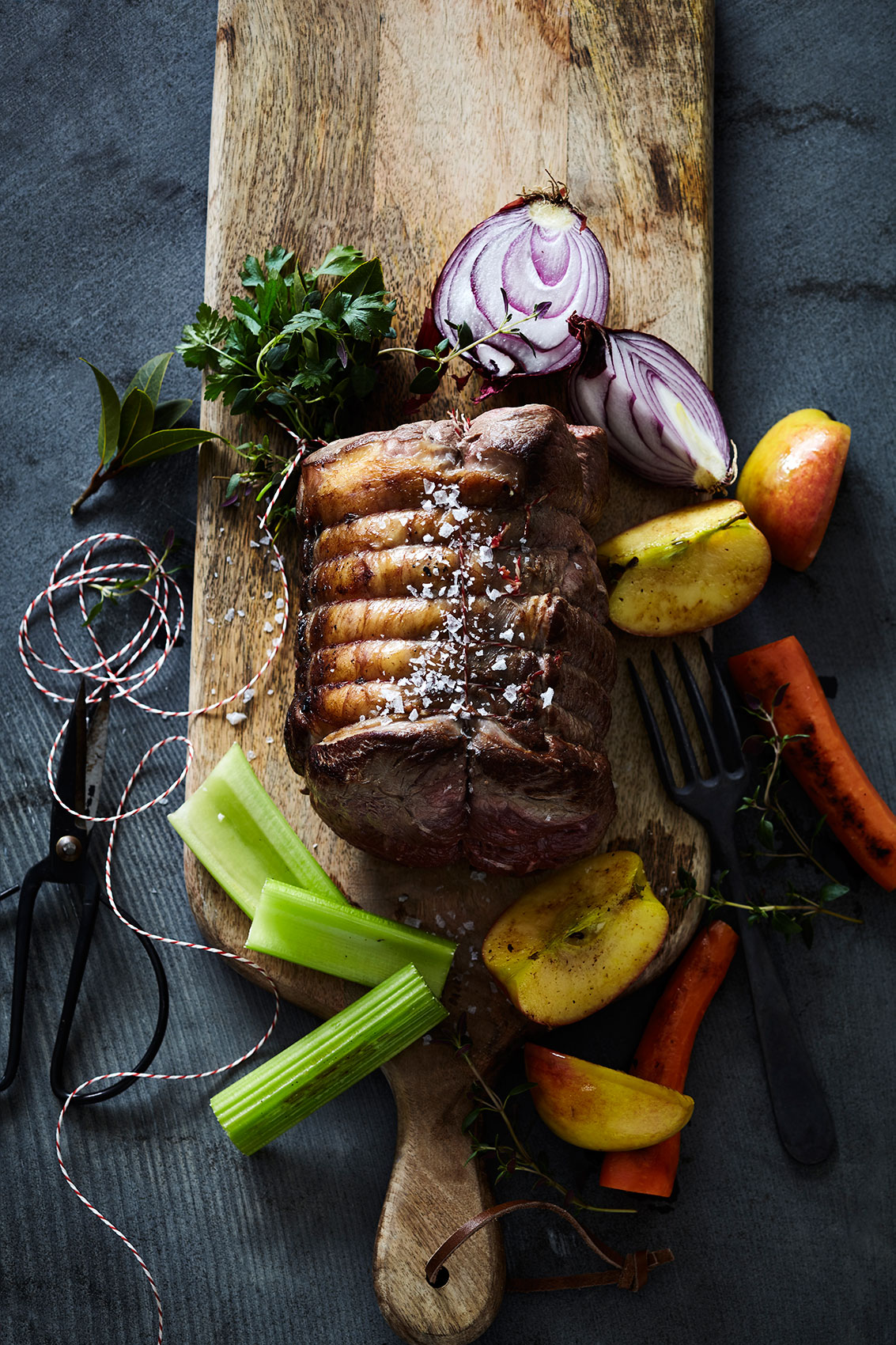 Slow Cooked • Beef Pot Roast with Celery & Apples on Wooden Board • Cookbook & Editorial Food Photography