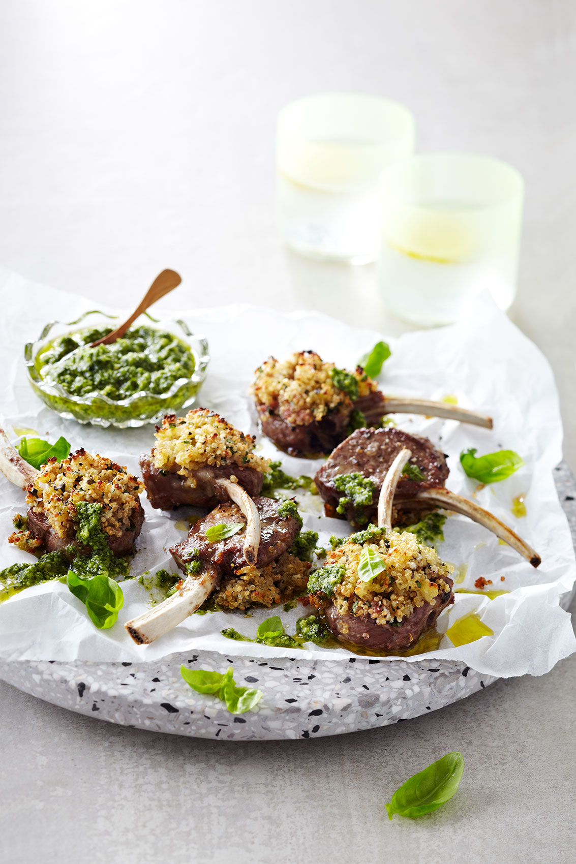 Lamb Chop Cutlets on Stone Plate with Fresh Basil • Advertising & Editorial Food Photography