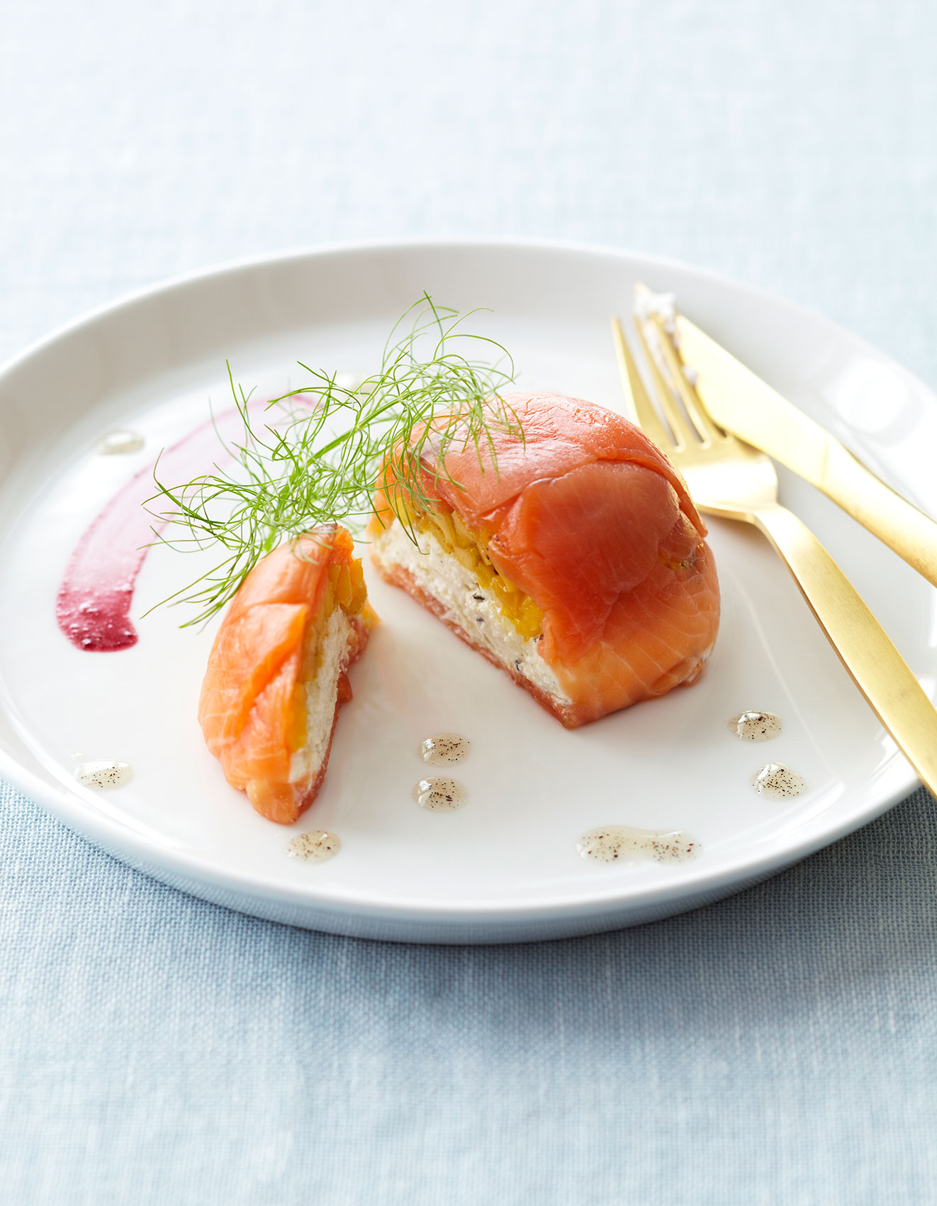  Vanilla Table • Salmon Sphere with Dill & Gold Cutlery • Cookbook & Editorial Food Photography