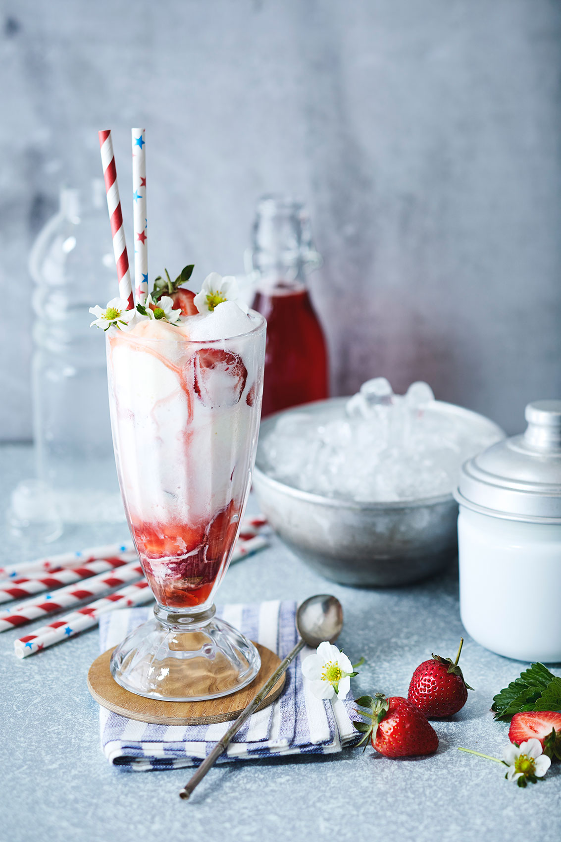 Bright Strawberry Soda Sundae with White Flowers • Beverage & Liquid Photography