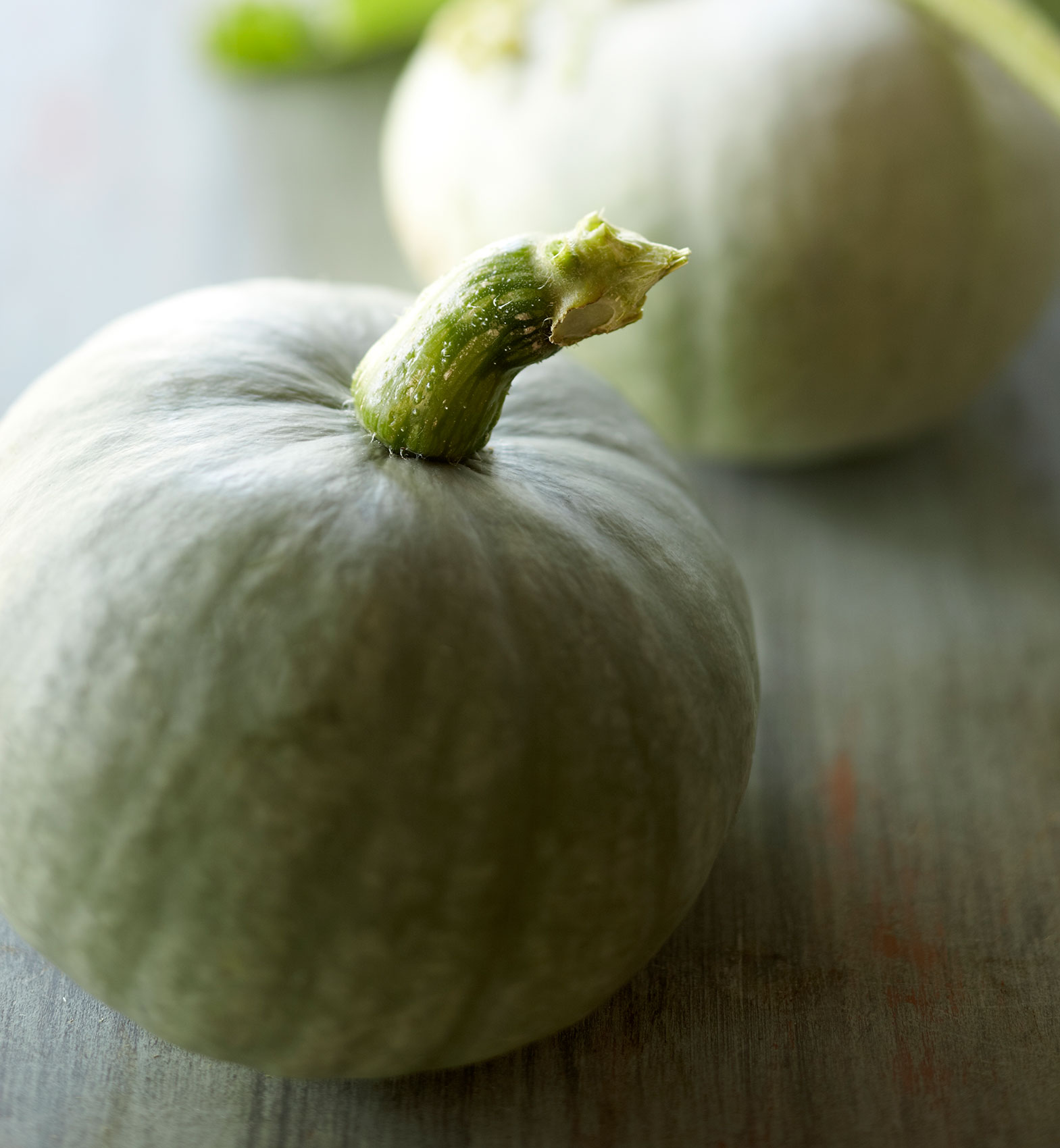 Everyday • Soft Green Pumpkin with Stalk on Wooden Table • Hospitality & Editorial Food Photography