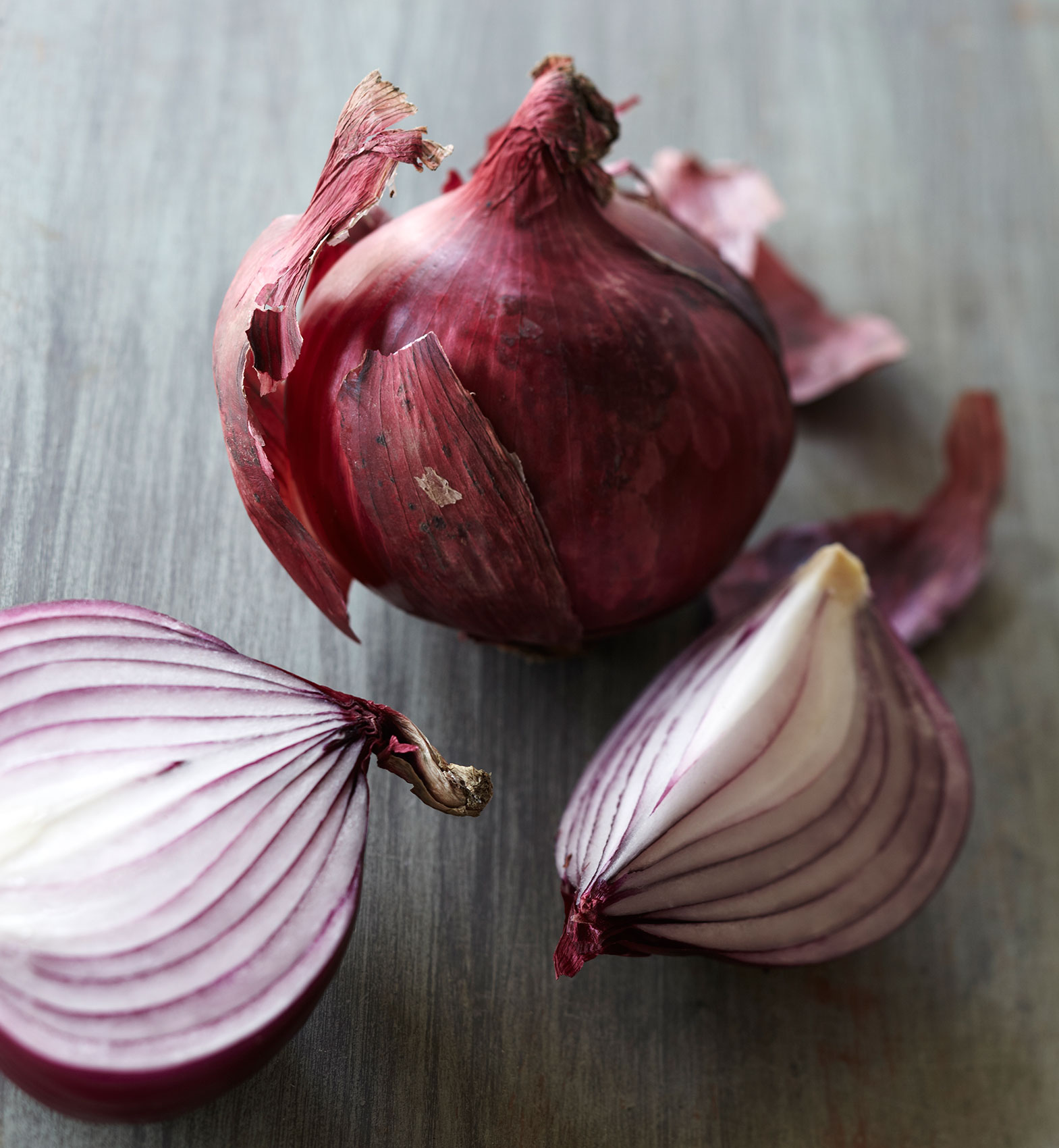Everyday • Cut & Whole Red Onion with Skin on Wood Grain Bench  • Hospitality & Editorial Food Photography