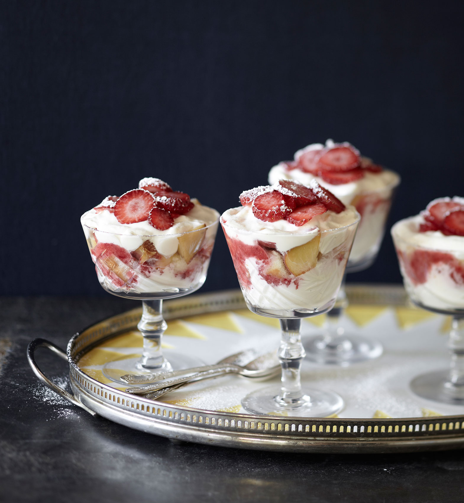 Everyday • Phoney Trifles Topped with Strawberries in Crystal Glasses • Hospitality & Editorial Food Photography