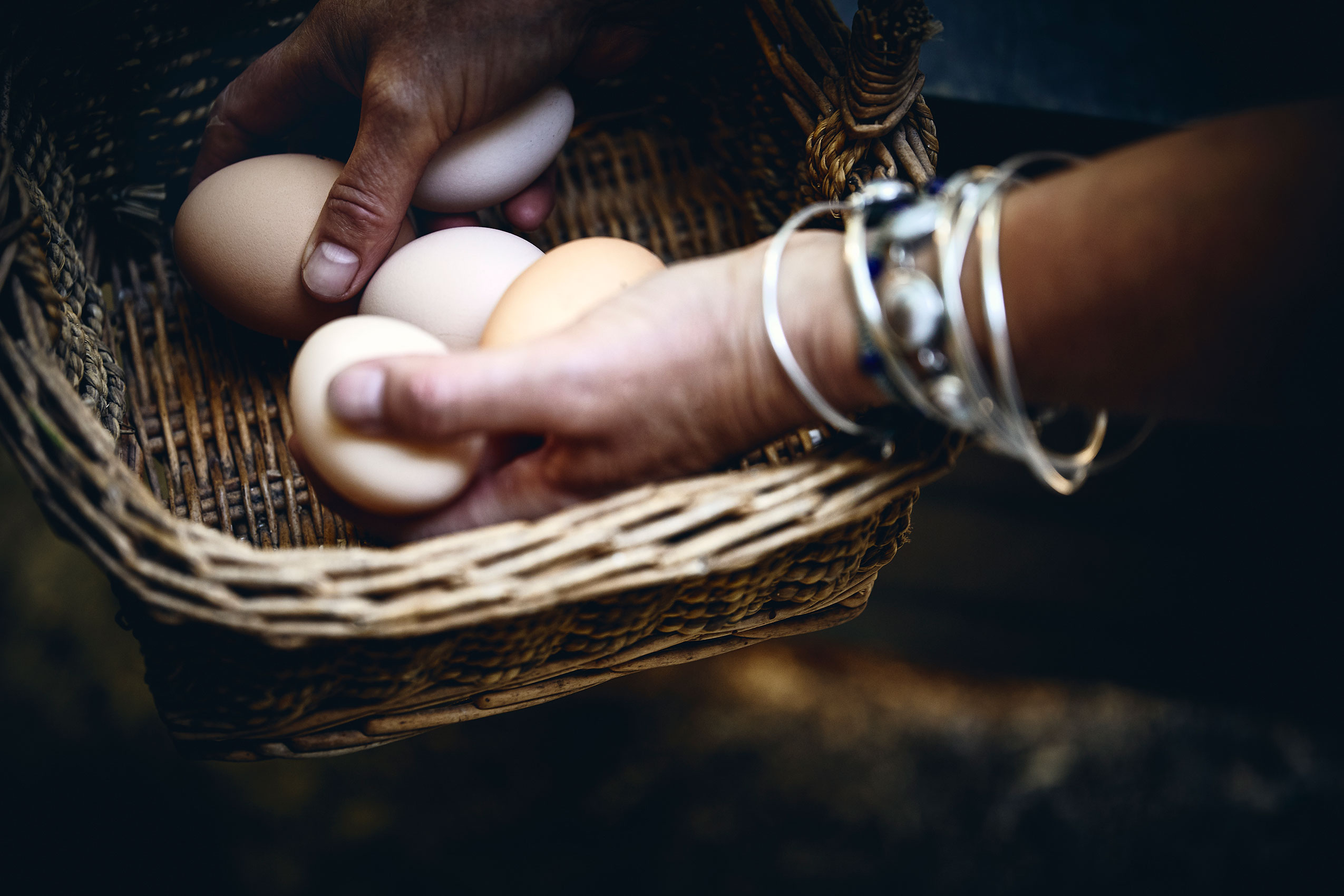 Shared Kitchen • Fresh Pale Brown Eggs in Natural Cane Basket • Lifestyle & Editorial Food Photography