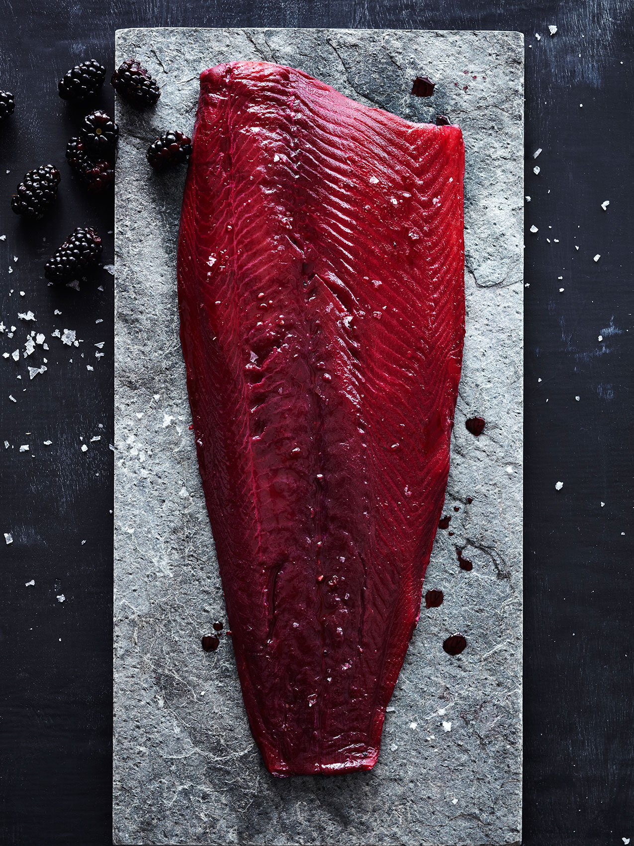Salt Glavlax with Dark Berries on Stone Slab • Advertising & Editorial Food Photography