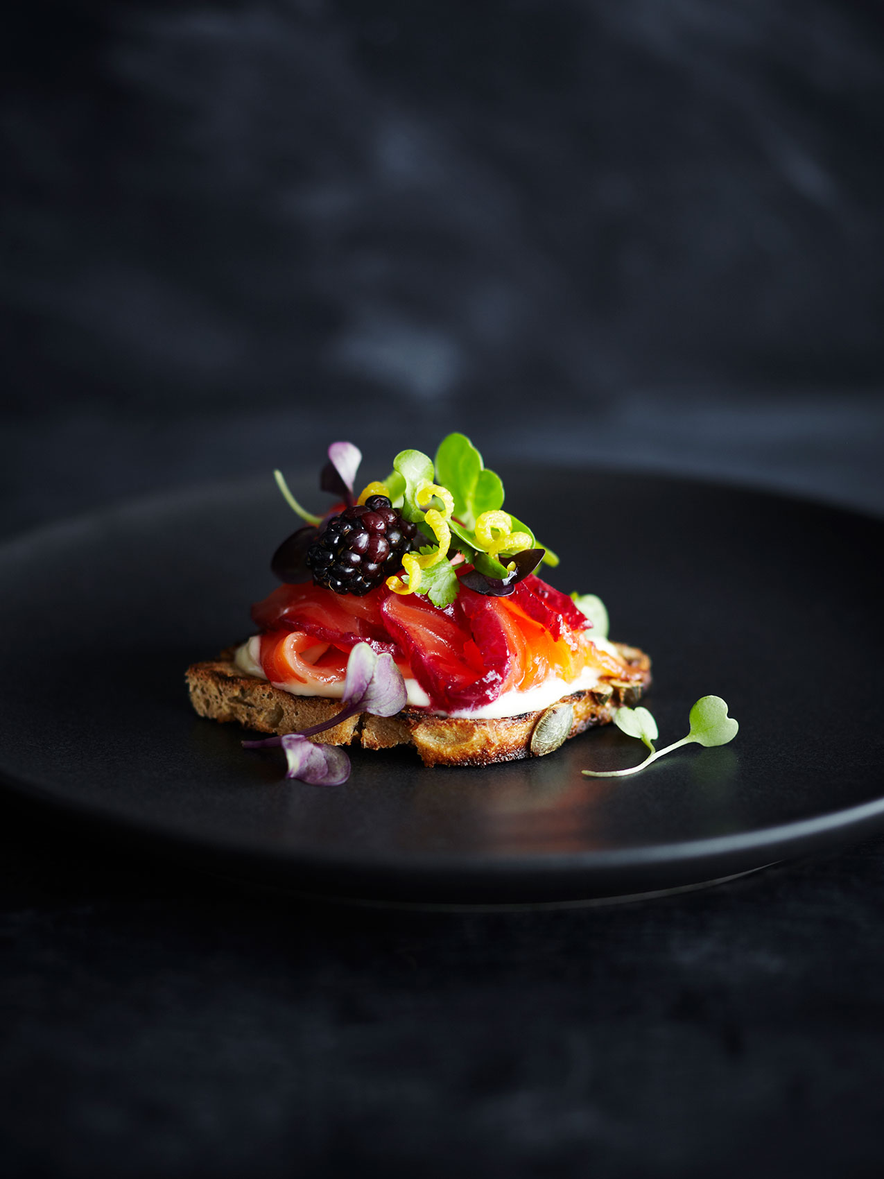 Laesoe Salt • Salt Gravlax Smørrebrød with Fresh Greens & Boysenberry • Advertising & Lifestyle Food Photography