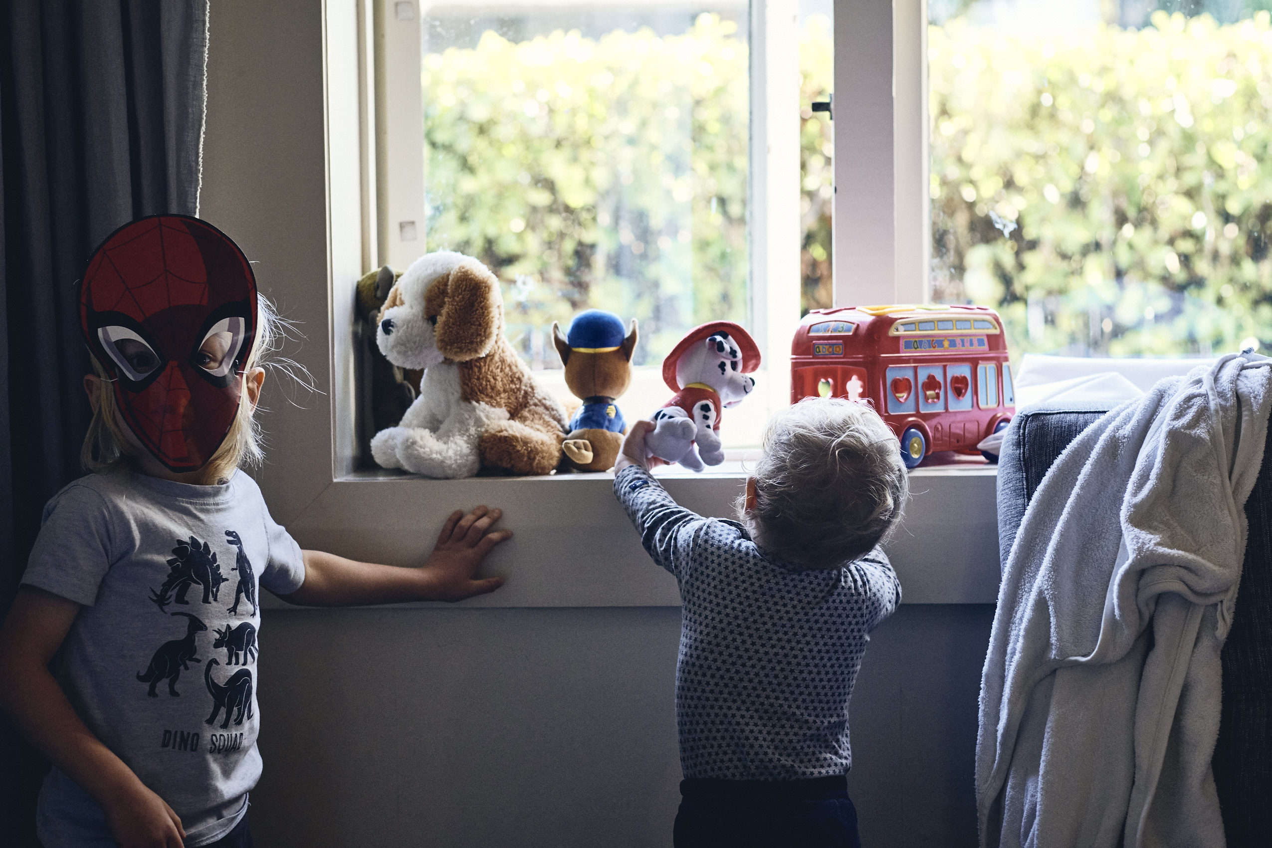 Lockdown • Kids Playing at Home with Toys on Windowsill • Lifestyle & Portrait Photography