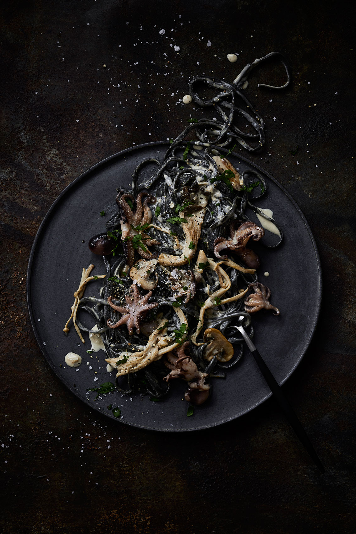 Maternal Mental Health • Squid Ink Pasta on Dark Plate & Table • Advertising & Editorial Food Photography