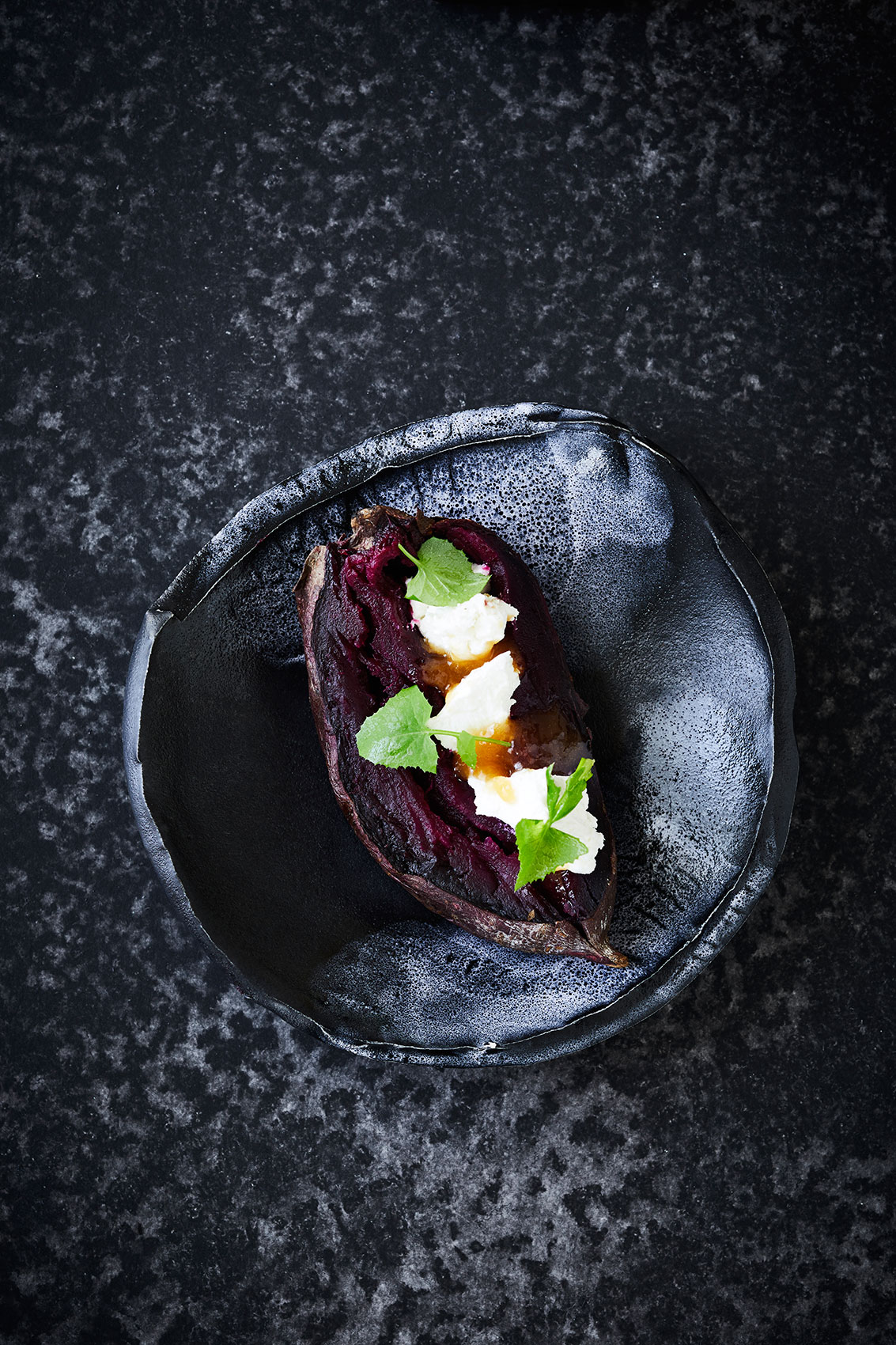 Hiakai • New Zealand Purple Kumara on Dark Plate • Lifestyle & Hospitality Food Photography