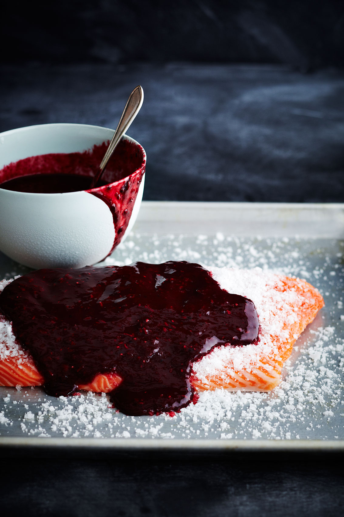 Laesoe Salt • Boysenberry Sauce Coating Salt Gravlax • Advertising & Lifestyle Food Photography