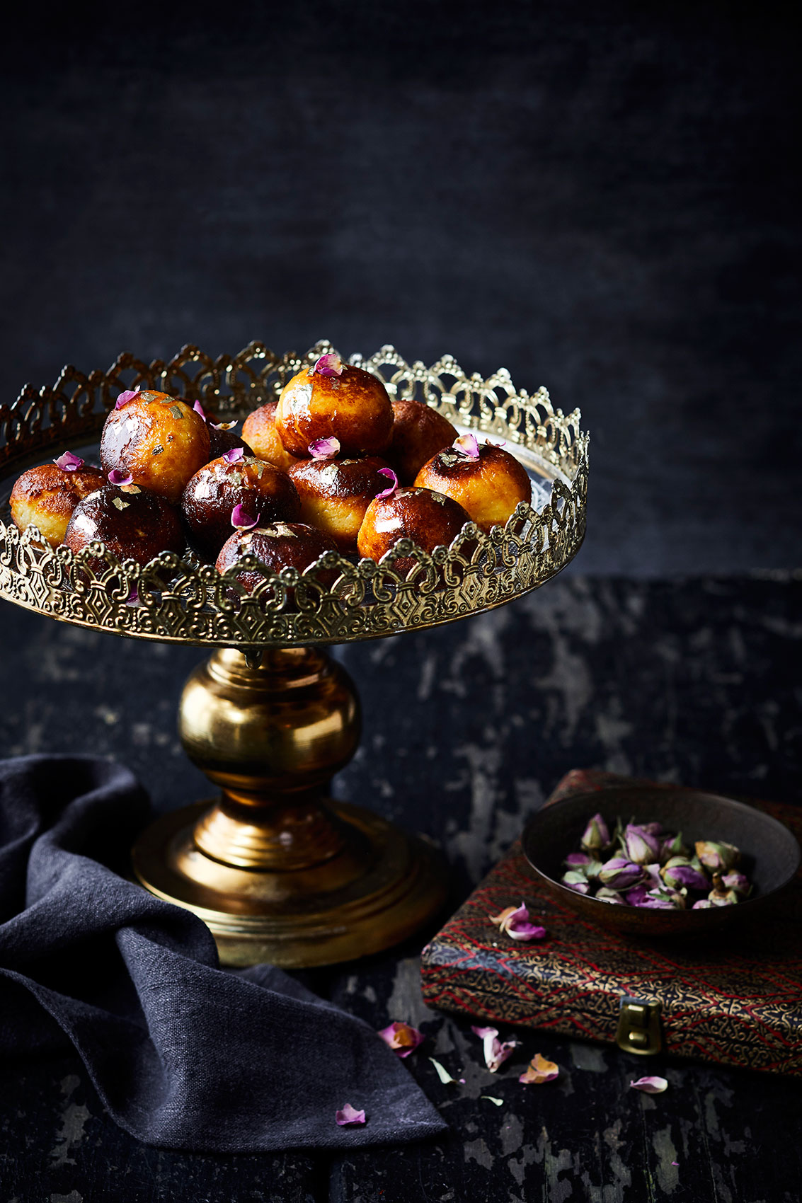 My Indian Kitchen • Bite-Sized Gulab Jamun Milk Balls on Cake Tray • Cookbook & Editorial Food Photography