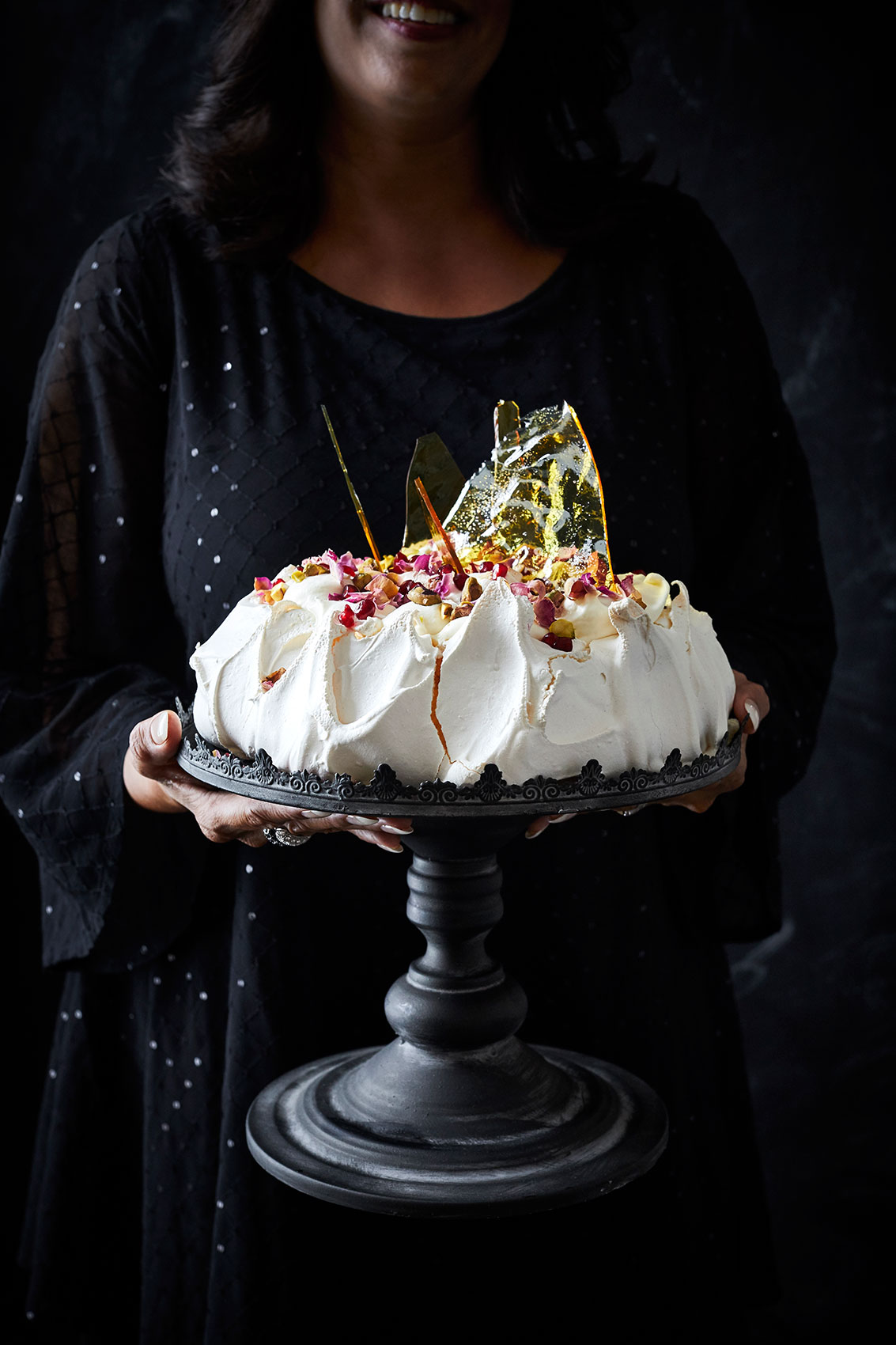 My Indian Kitchen • Festive Spiced Pavlova with Florals & Caramel Shards • Cookbook & Editorial Food Photography