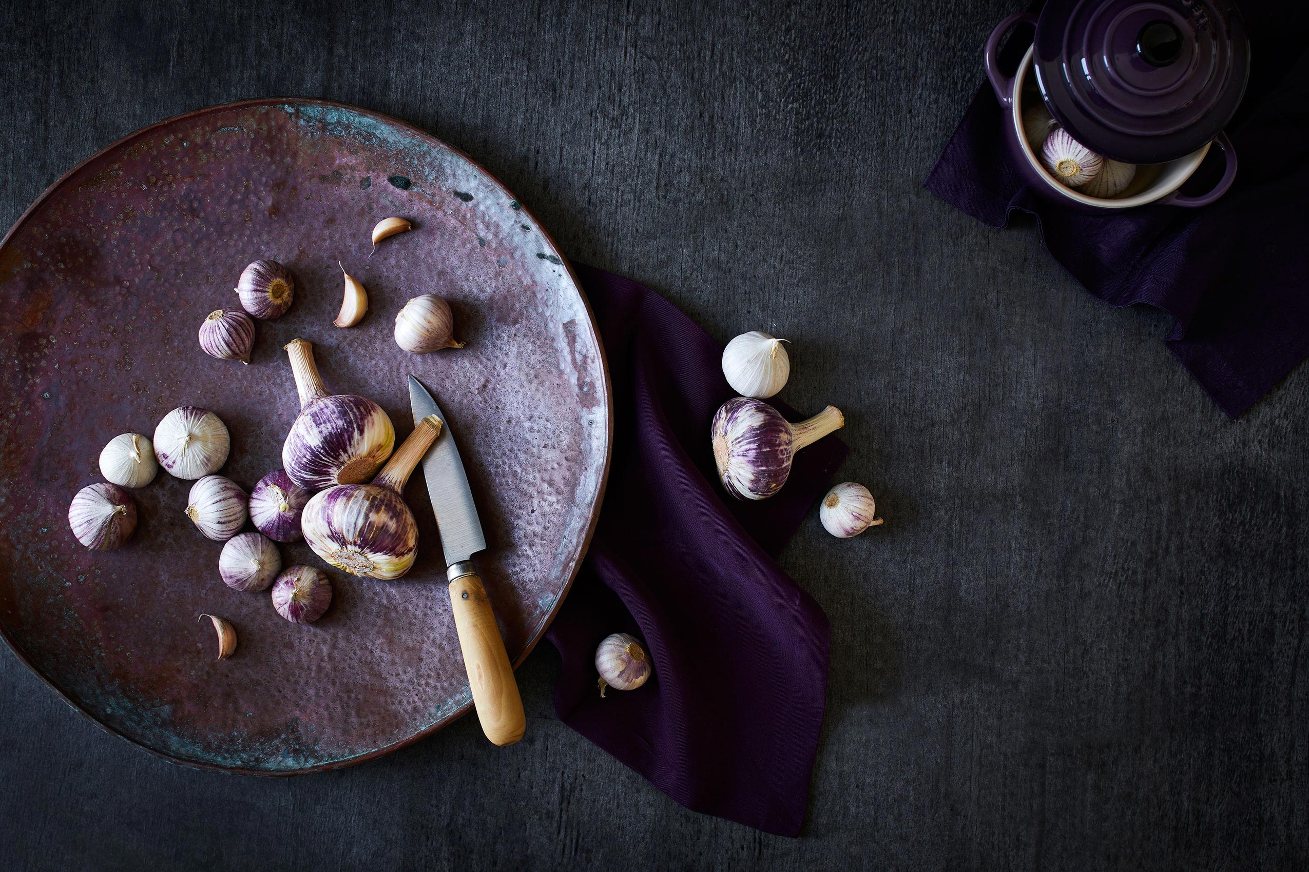 My Indian Kitchen • Purple Garlic & Paring Knife on Ceramic Plate • Cookbook & Editorial Food Photography