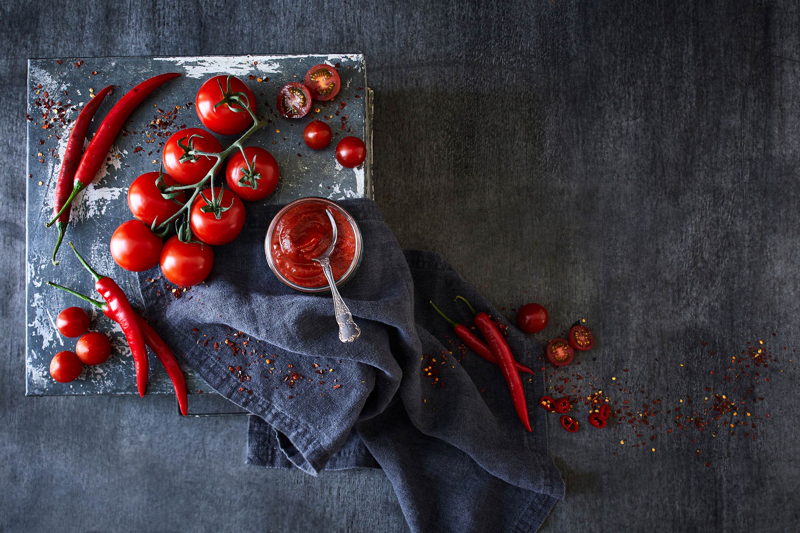 My Indian Kitchen • Fresh Vine, Cherry & Pureed Tomatoes with Red Chilli • Cookbook & Editorial Food Photography