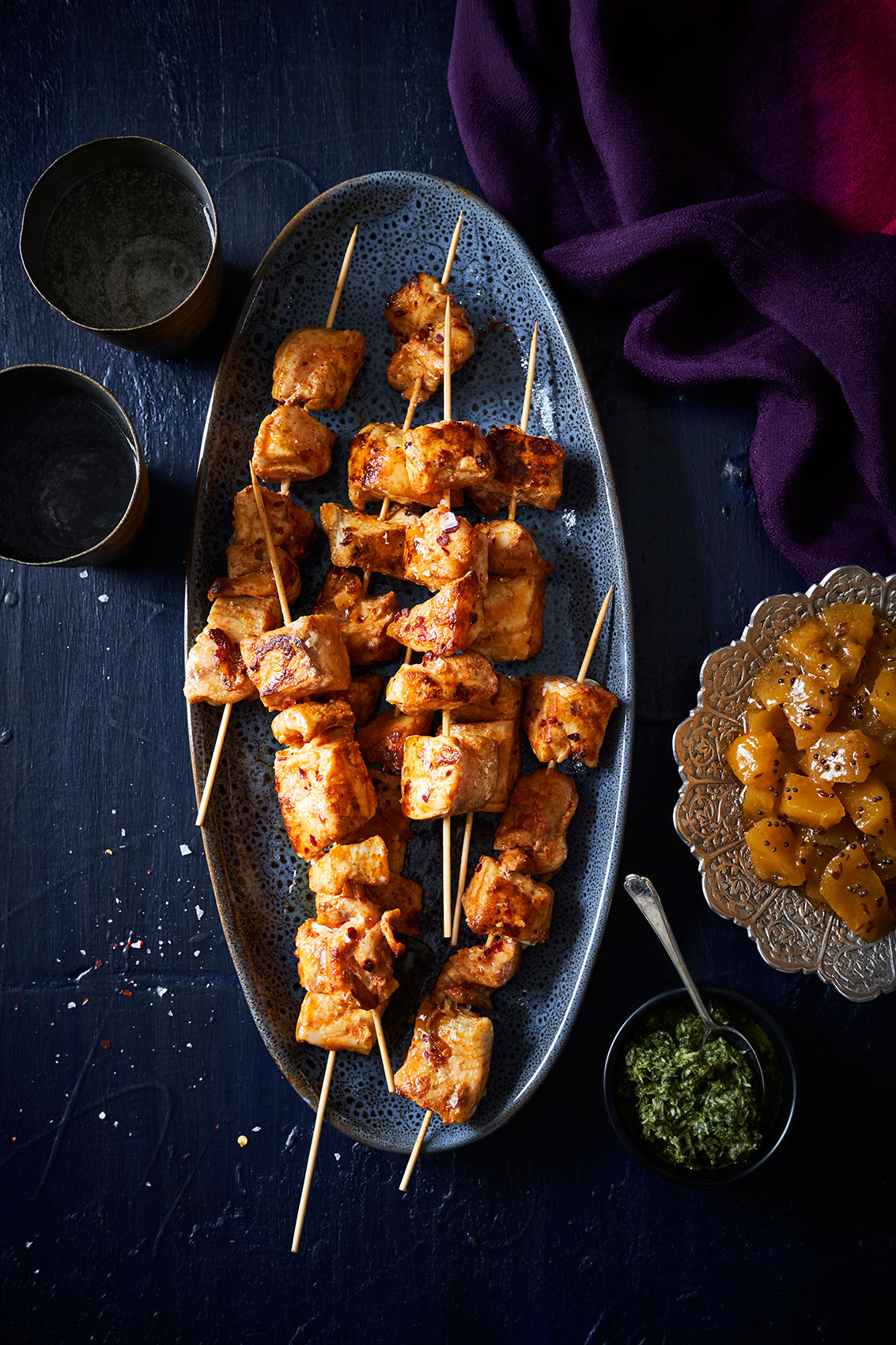 My Indian Kitchen • Fish Tikka Skewers with Chilli & Coriander • Cookbook & Editorial Food Photography