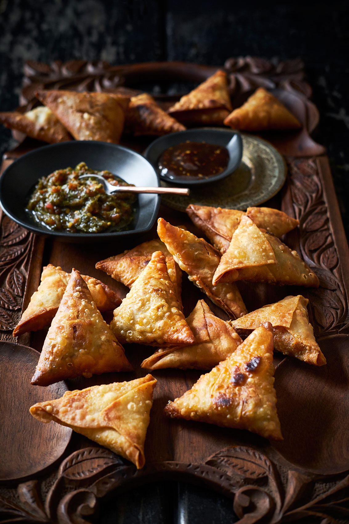 My Indian Kitchen • Fried Samosas with Dipping Sauces on Ornate Board • Cookbook & Editorial Food Photography