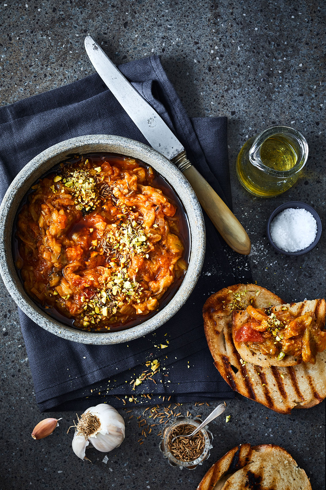 My Indian Kitchen • Red Aubergine Dip on Grilled Toast with Oil & Salt • Cookbook & Editorial Food Photography
