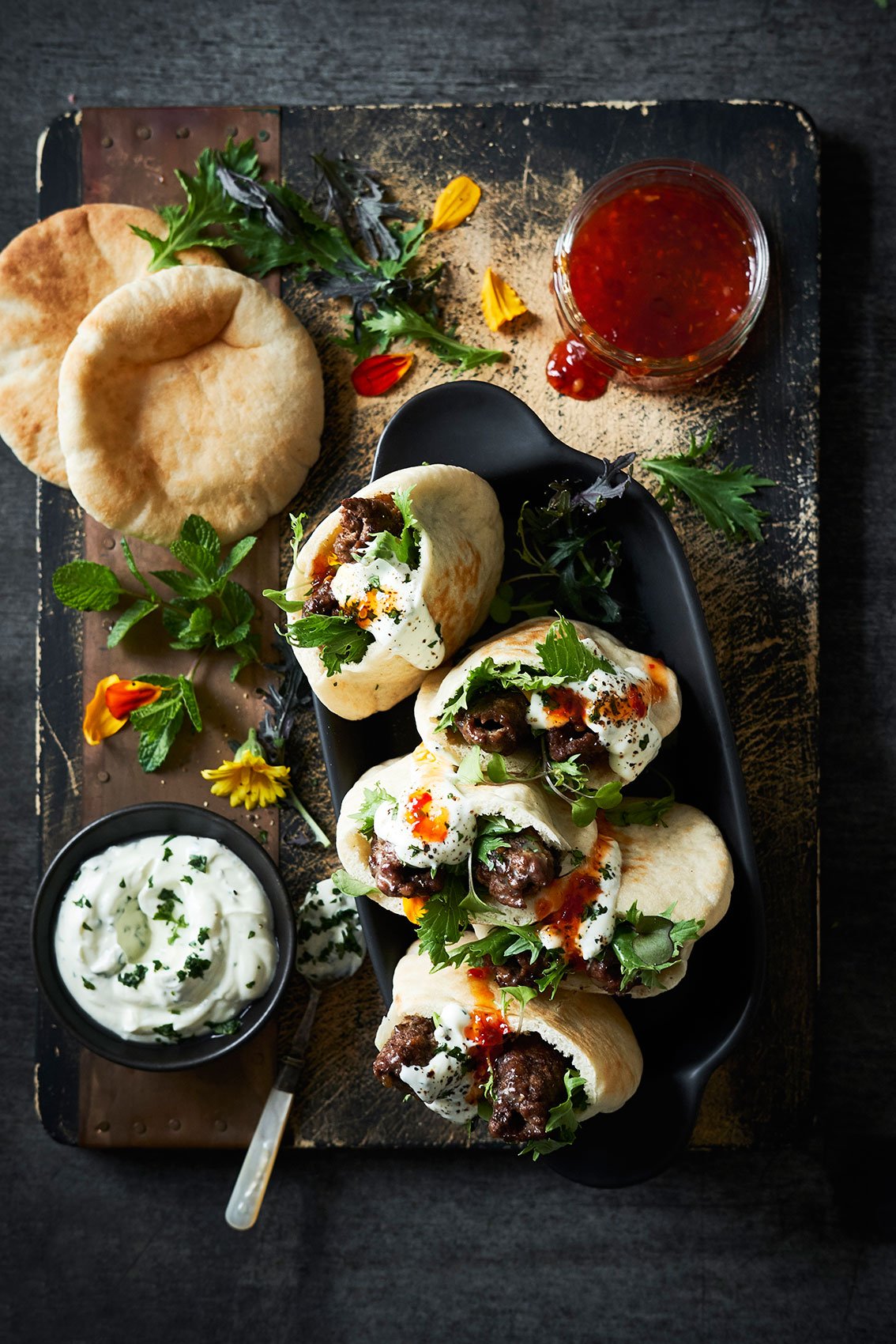 My Indian Kitchen • Lamb Kebab Pockets with Fresh Yoghurt & Chilli Sauce • Cookbook & Editorial Food Photography